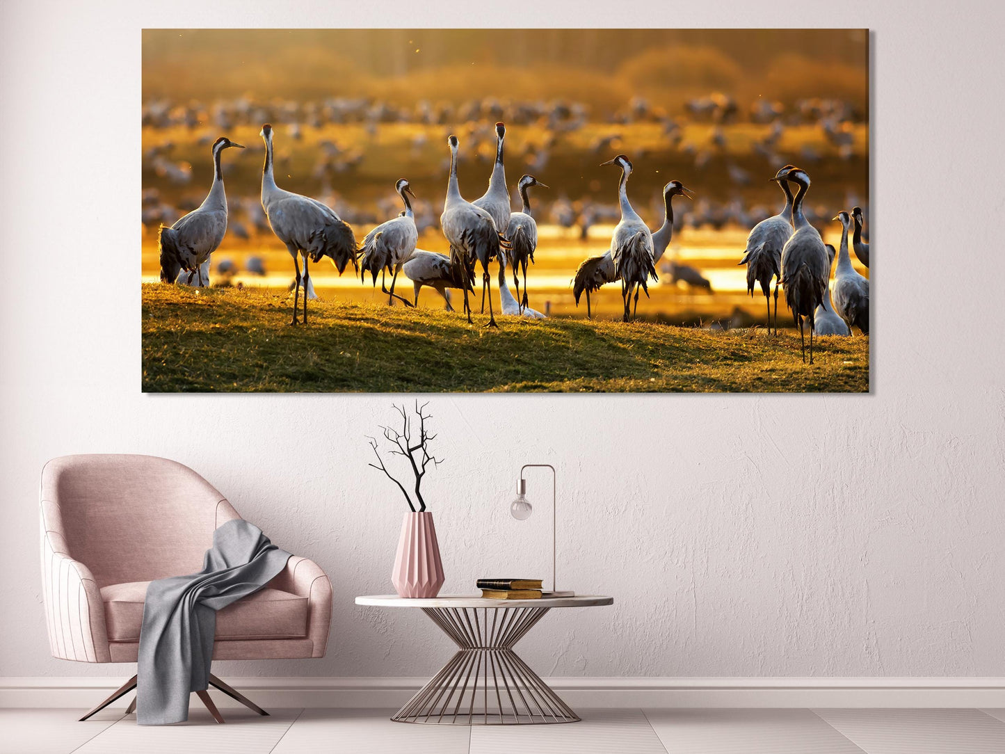 Wildlife Wandkunst - Kranich Vögel Leinwanddruck, 5-teiliger Sonnenaufgangsdruck am Hornborgasjön, Schweden Natur Wanddekoration, Kranich Fine Art Print
