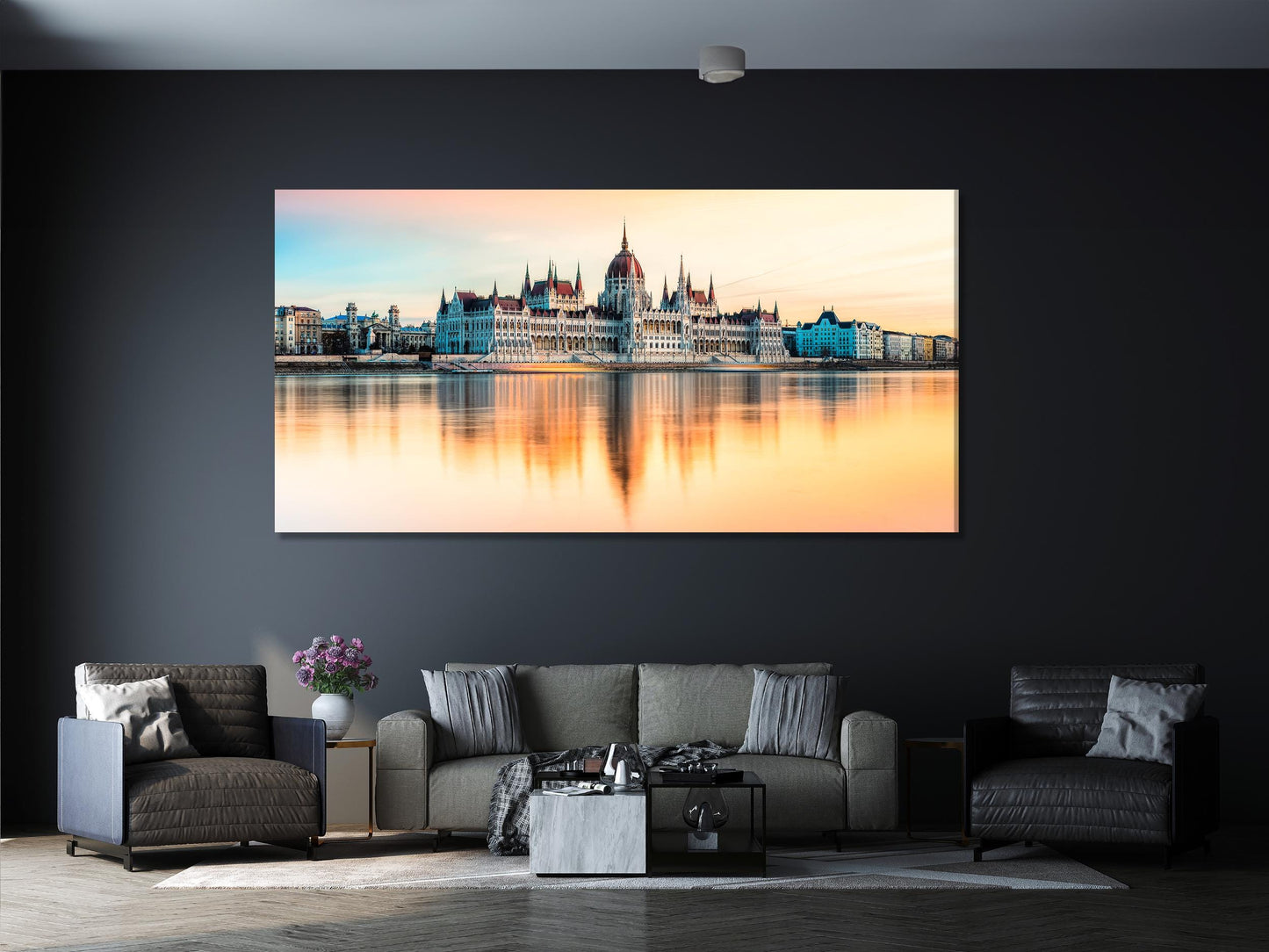 Leinwanddruck des Budapester Parlaments – Moderne, sanfte Wandkunst mit Sonnenuntergangs-Stadtbild von Ungarns berühmtem Wahrzeichen für die Wanddekoration zu Hause oder im Büro