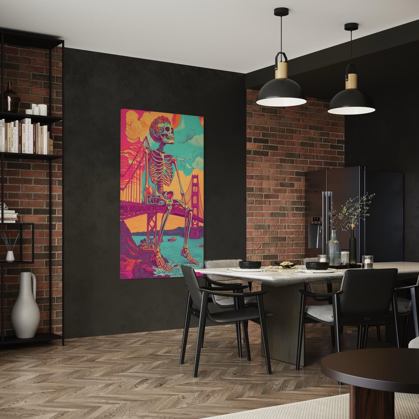 샌프란시스코 벽 예술 초현실주의 금문교 캔버스 아트 트리피 스켈레톤 아트 프린트 사이키델릭 샌프란시스코 아트워크 얼터너티브 아트워크