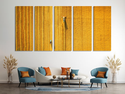 공중 밀밭 캔버스 프린트, 수확 풍경 벽화, 넓은 농경지 풍경, 황금빛 작물 예술 작품, 농촌 농업 사무실 장식