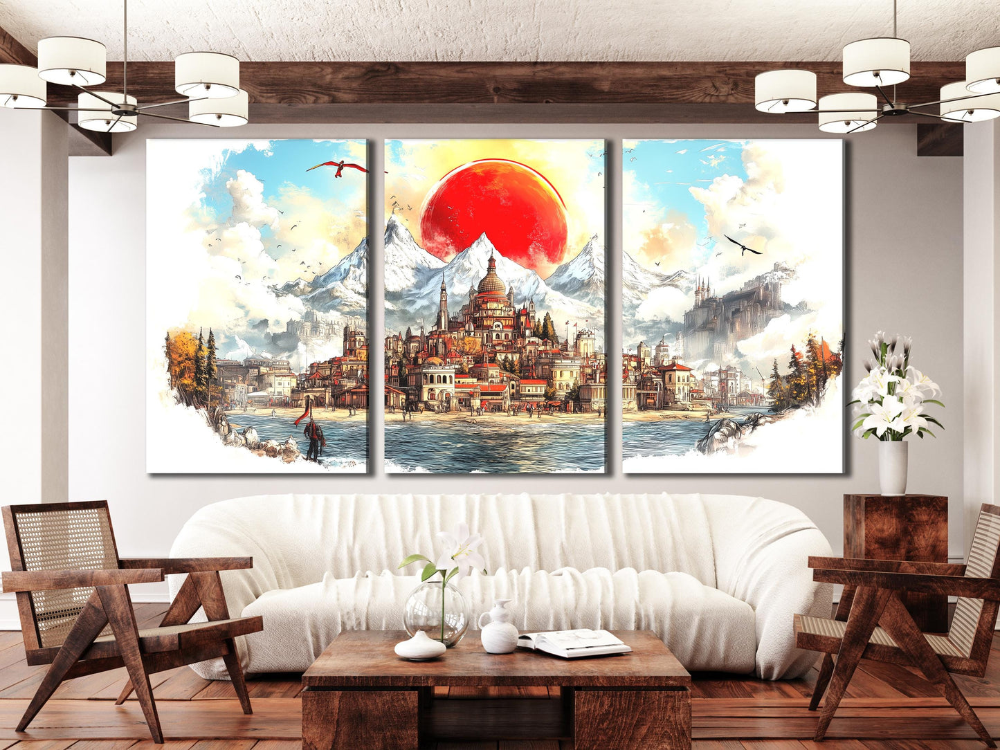 Scenic Medieval Town Wall Art Fantasy Cityscape Canvas Majestic Mountain Painting Abstract Red Sun Decor Epic Fantasy Print