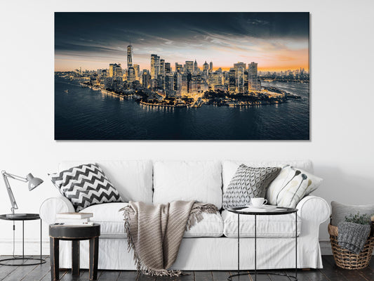 Manhattan Skyline Canvas Wall Art – Dusk Over New York City, Large Urban Landscape Canvas Print for Modern Home or Office Wall Decor