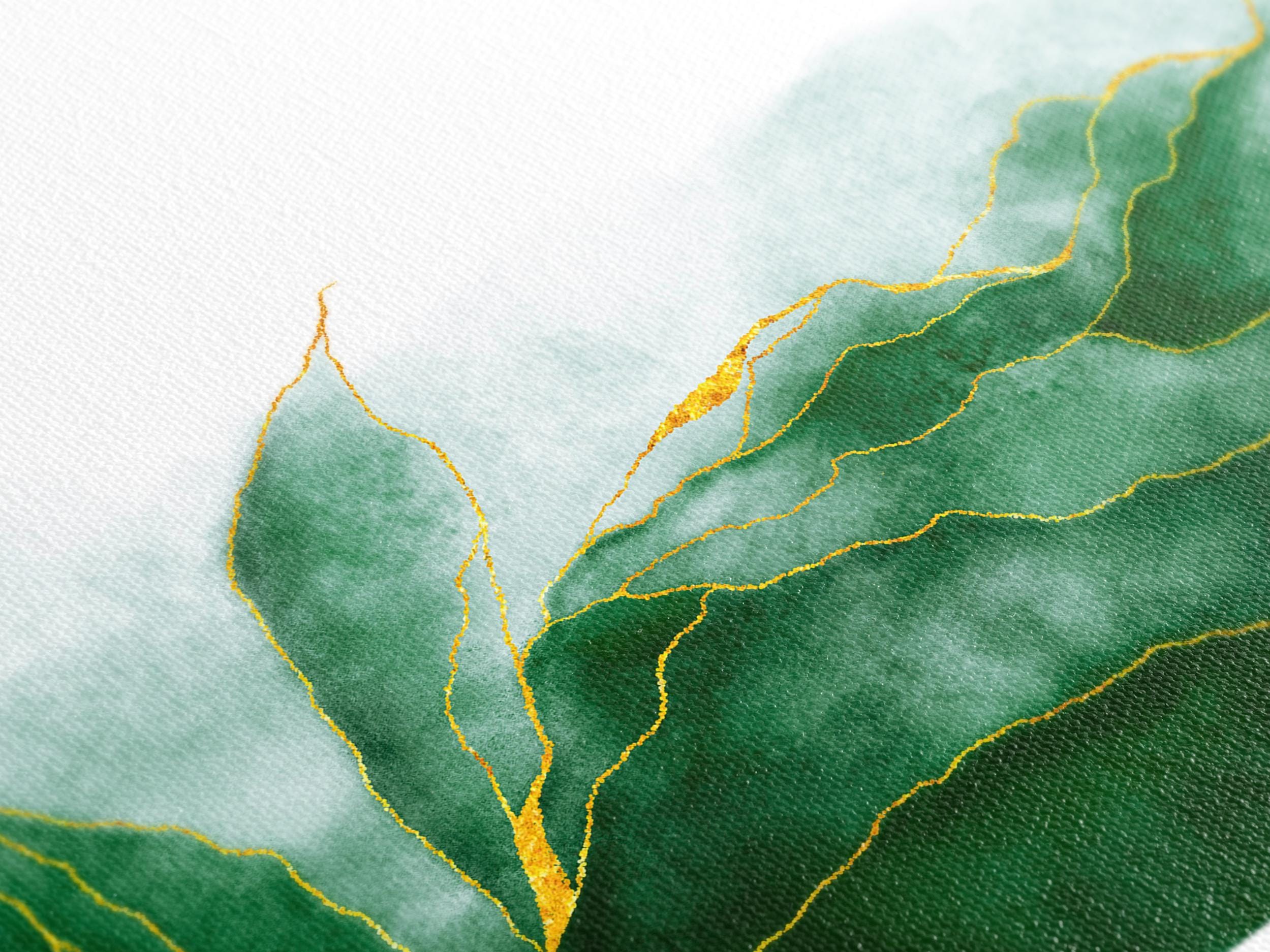 Impression sur toile triptyque à l'aquarelle vert et doré présentant une nature abstraite avec marbre fissuré — Art mural moderne pour la maison et le bureau