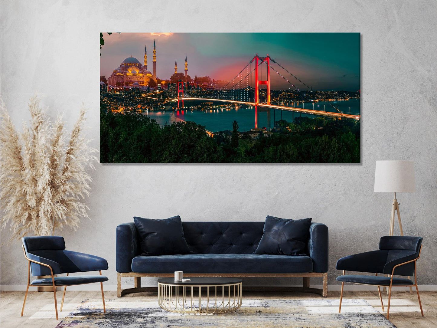 Seni Dinding Panorama Bosphorus Istanbul, Matahari Terbenam di atas Masjid Suleymaniye dan Jambatan Bosphorus, Cetakan Kanvas Pemandangan Bandar Turki untuk Hiasan Pejabat