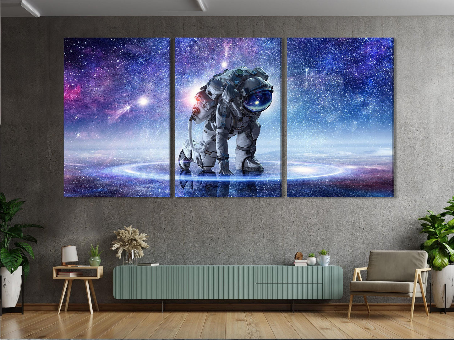 Astronaut in Space Canvas Wall Art, 3-Panel Galaxy Print, Futuristic Sci-Fi Decor, Modern Cosmic Landscape for Home or Office Wall Art