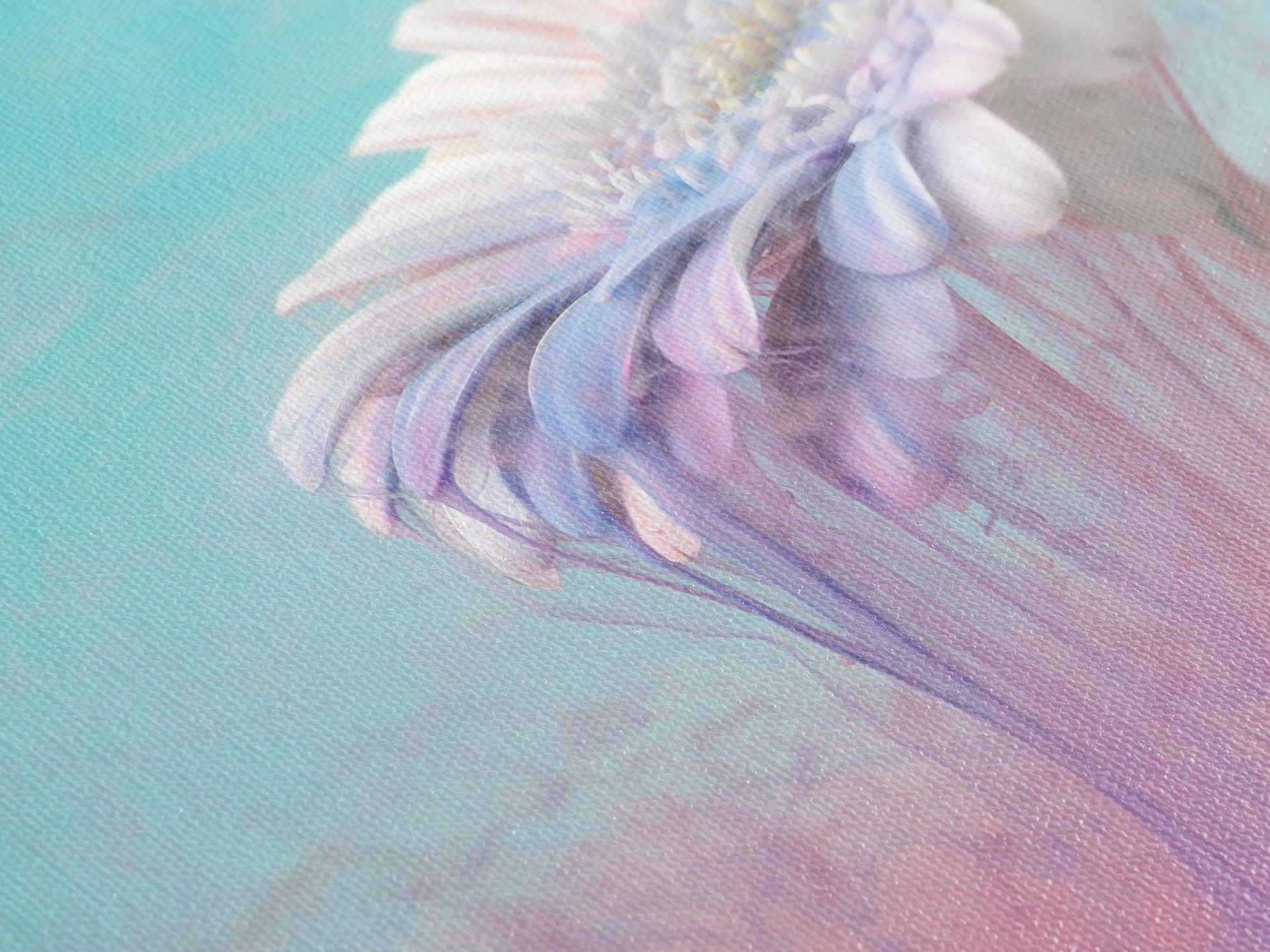 Vibrant pink-and-blue gradient background frames this ethereal flower, rendered as a stunning canvas art piece.
