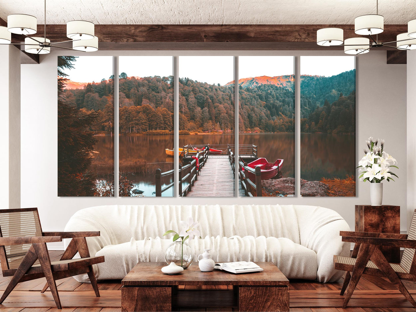 Autumn Lake Triptych Canvas Art - Wooden Dock and Boats Wall Art, Mountain Landscape Print, Fall Nature Art Print, Large 3-Panel Wall Art