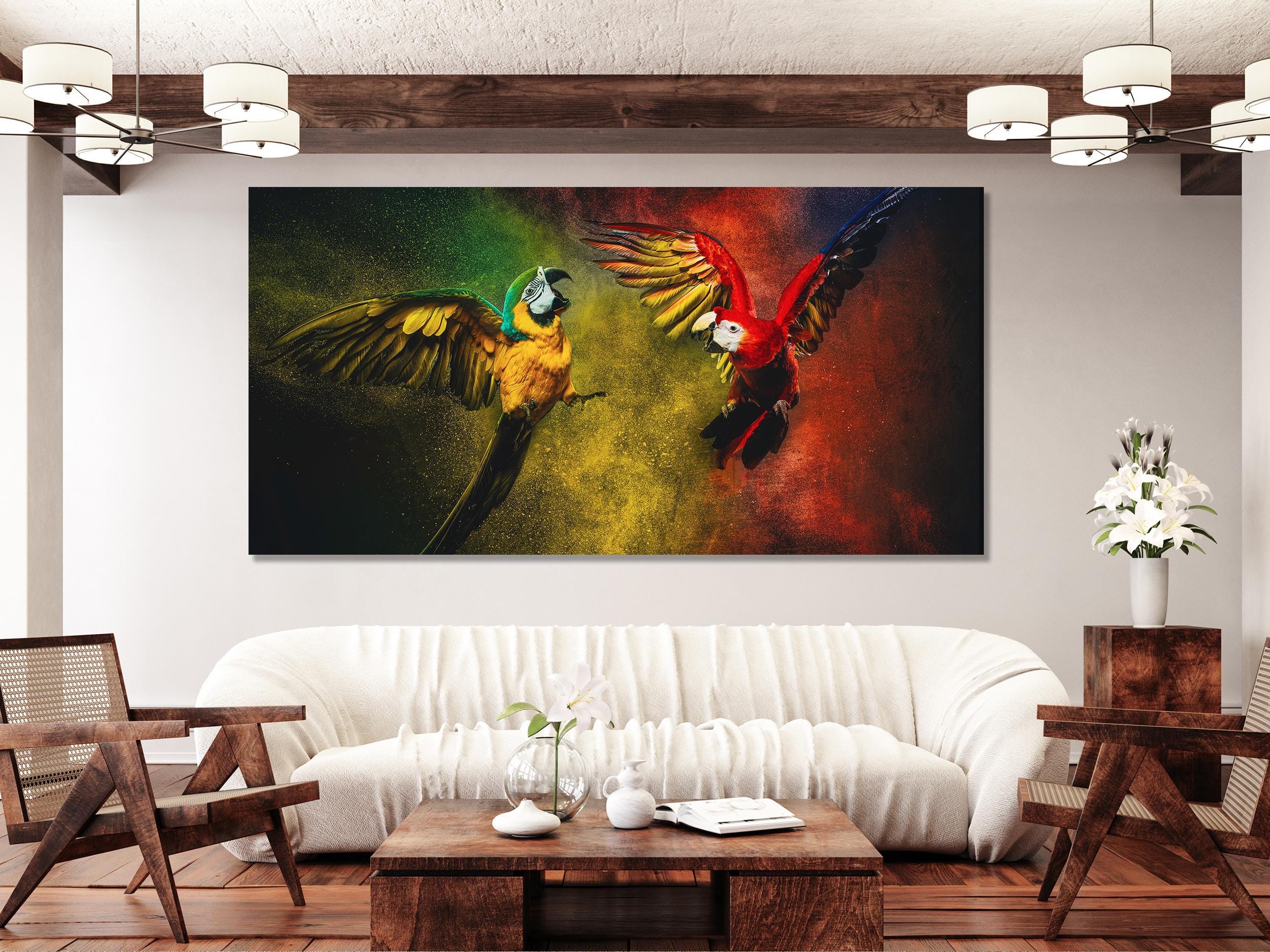 Kleurrijke Ara-muurkunst, Ara-papegaai canvasprint, extra groot tropisch vogelkunstwerk, exotisch canvas voor levendige dierenwinkelmuurdecoratie