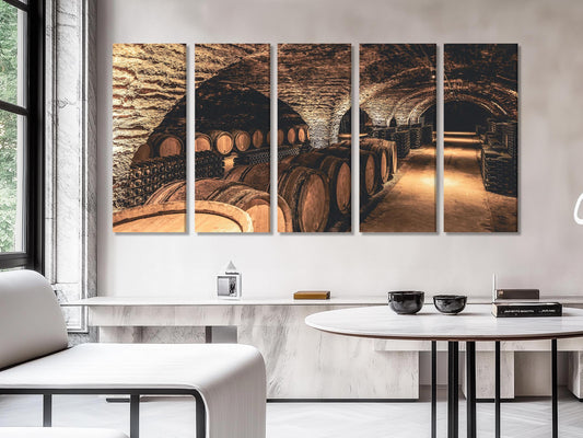 와인 저장고 캔버스 프린트, 소박한 통 벽 아트, 빈티지 와이너리 장식, 대형 3패널 와인 아트워크, 포도원 저장고 풍경 캔버스 프린트