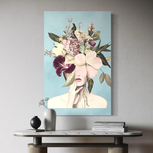 Captivating female silhouette painting fused with blooming pastel flowers, offered as a modern canvas print wall art for refined interior artwork.