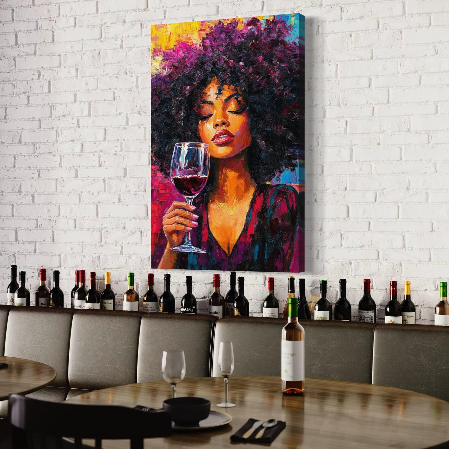 Arte de la pared de la mujer y el vino - Arte de lona de mujeres negras, pintura de amantes del vino, arte de pared afrocéntrico moderno, arte del vino para la decoración del bar o el restaurante de pared