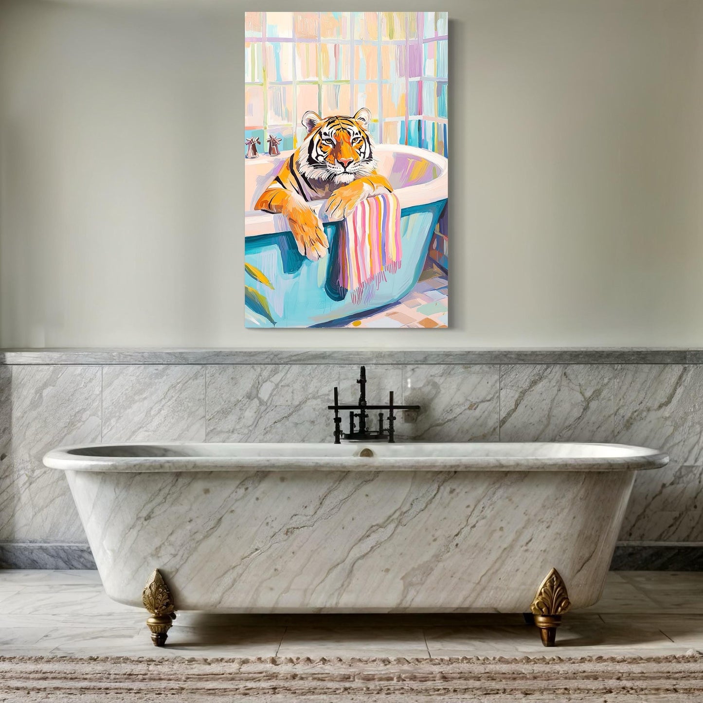 Tiger Poster Kunst - Maximalistische Badezimmer Wandkunst, Dopamin Dekor, Pink Kitsch Ăsthetik, Trendy Tiger im Bad Druck, Preppy Dschungel Wandkunst