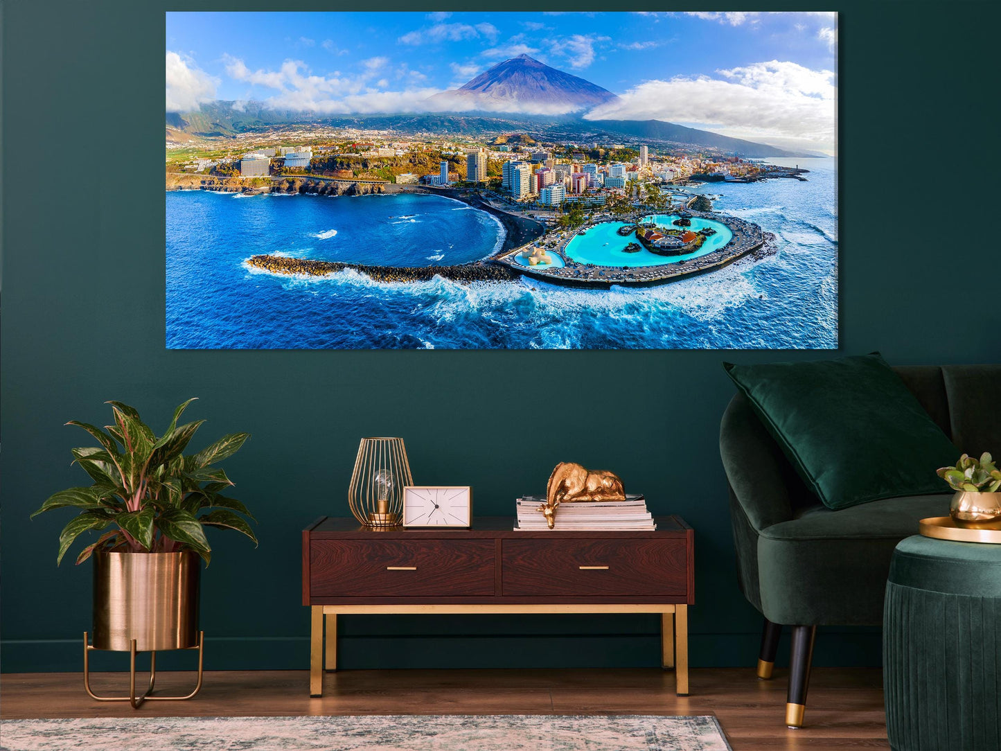테네리페 대형 프린트 - 푸에르토 데 라 크루스 캔버스 프린트, 테네리페 해안선 공중 3패널 프린트, 해안 벽 예술, 테네리페 모던 홈 데코