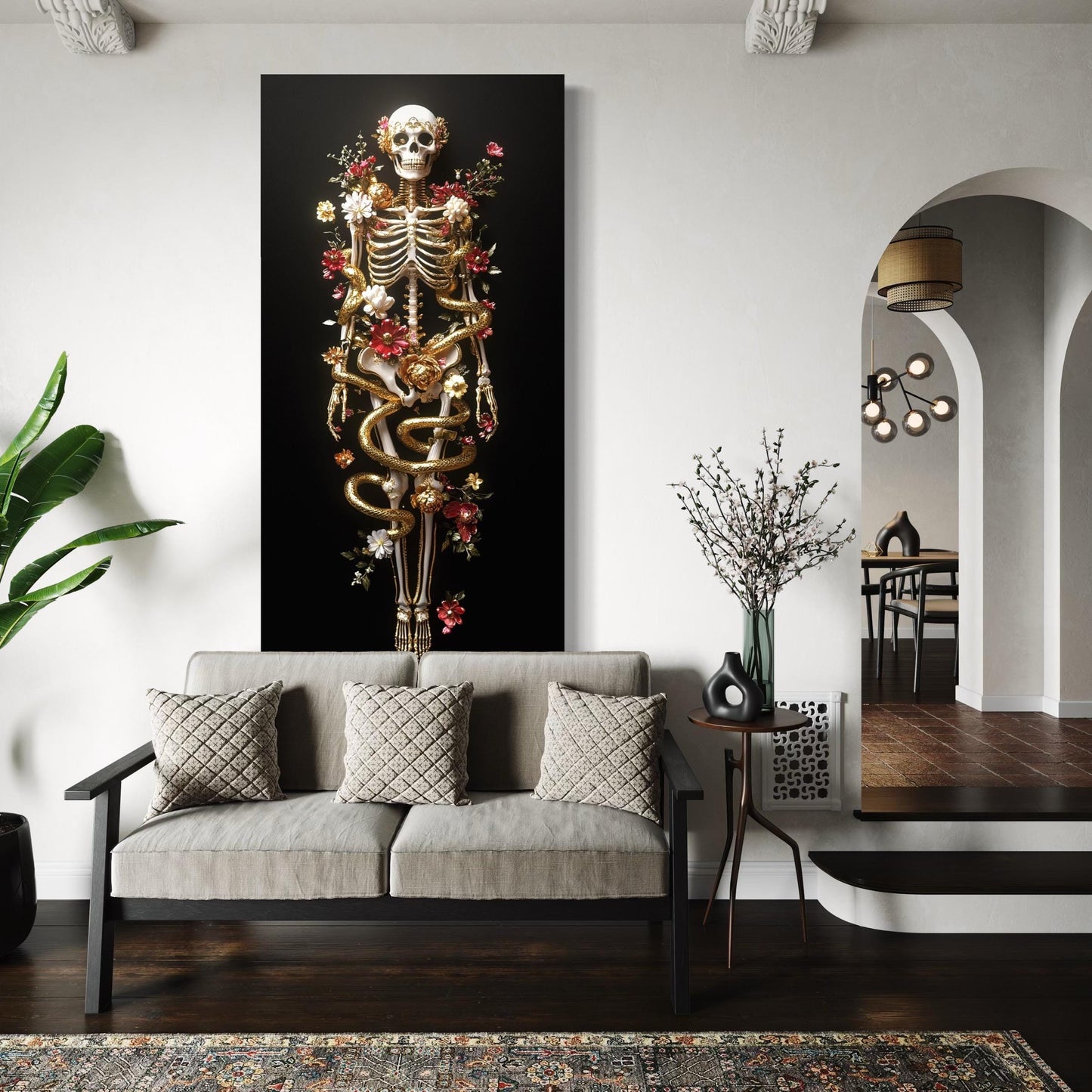 Skeleton Wall Art - Gothic Floral Skeleton Canvas Art, Gold Snake Artwork, Dark Surrealism Wall Decor, Baroque Wall Art Anatomy Canvas Print