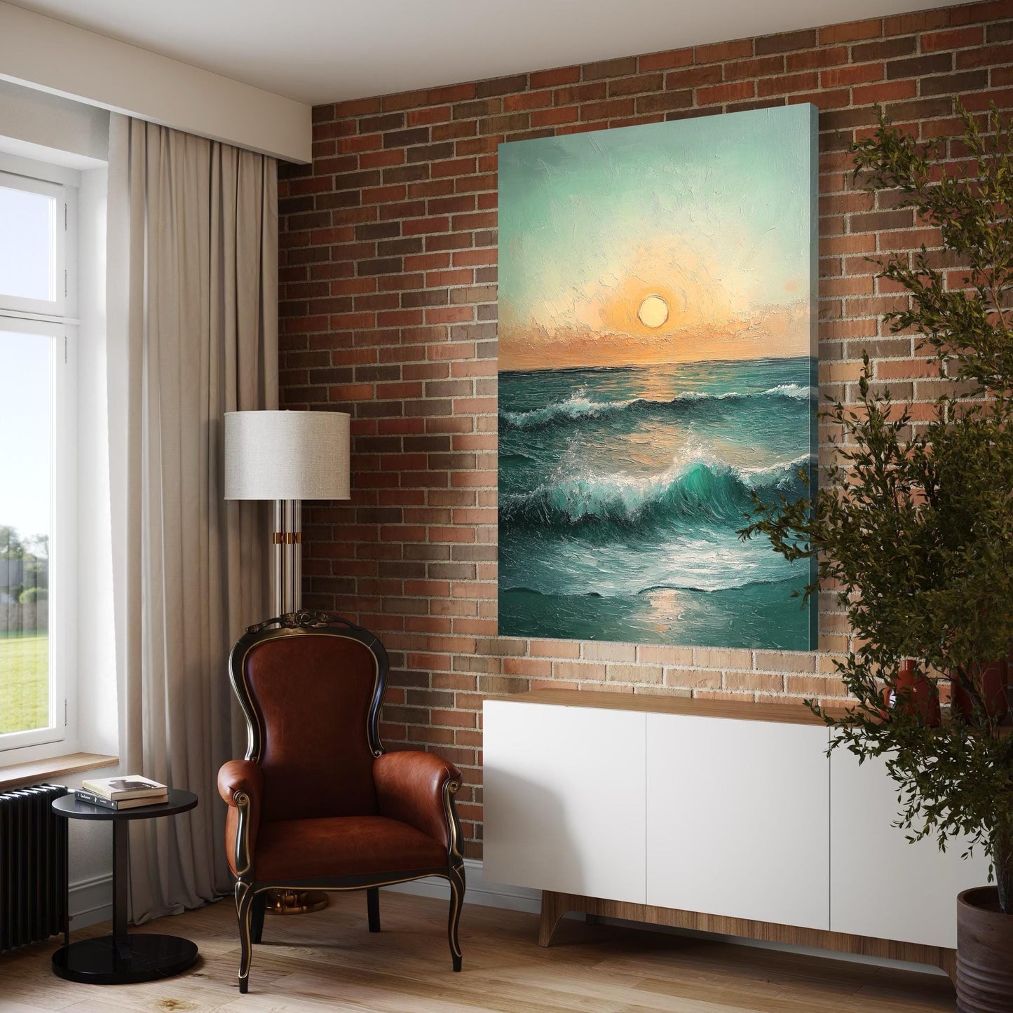Sonnenuntergang über dem Ozean Leinwandbild - Meereslandschaft Wandkunst, Ozeanwellen Kunst, Küsten Sonnenuntergang Gemälde, Strandhaus Wanddekoration, Sonnenuntergang Leinwanddruck