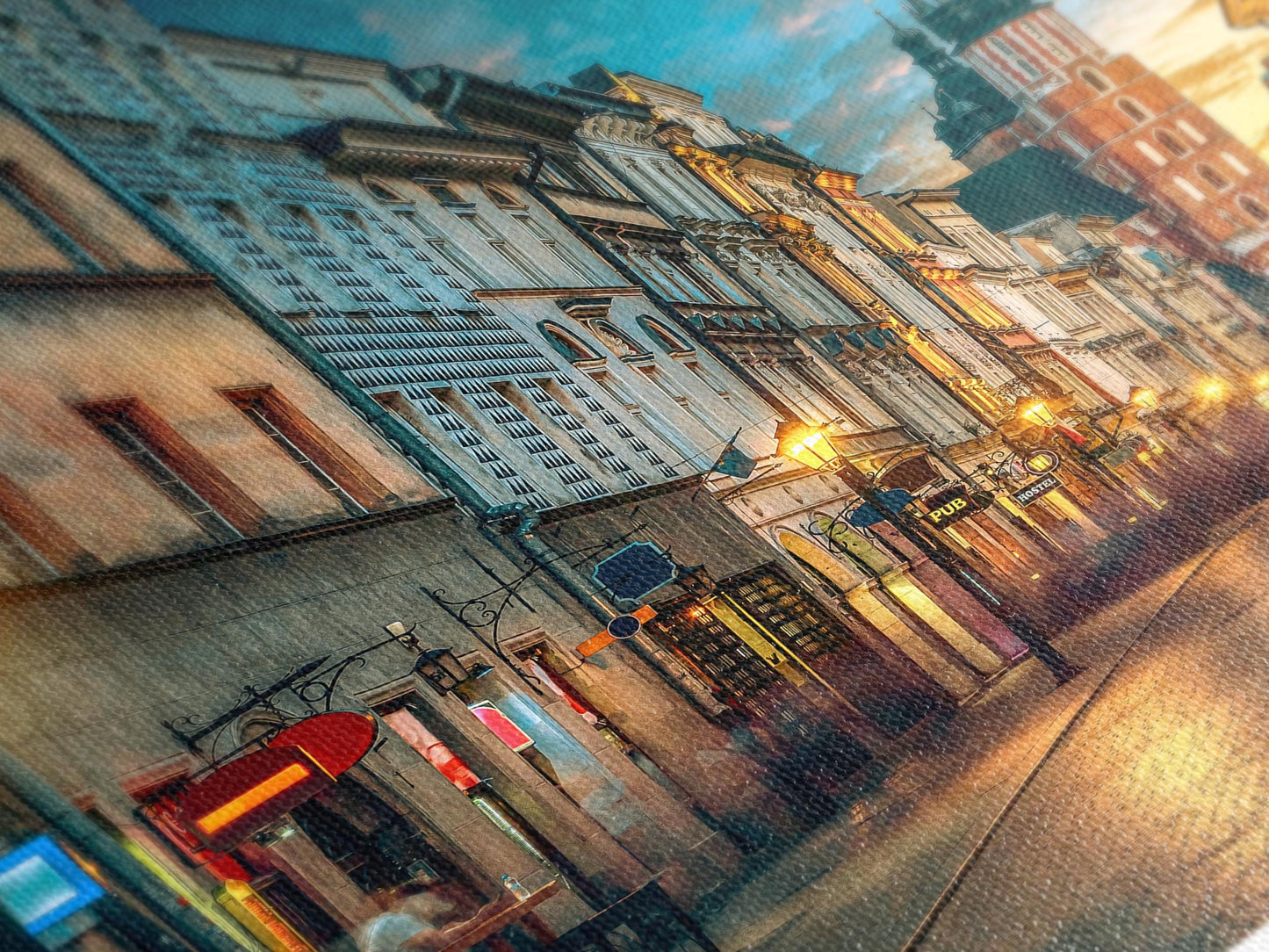 Florianska Street Canvas Print, St. Mary’s Basilica Wall Art, Krakow Old Town Nightscape, XXL Polish City Decor, Downtown Krakow Canvas Art