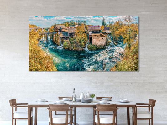 라스토케 마을 캔버스 프린트 - 크로아티아 벽면 아트, 경치 좋은 강과 폭포 예술 작품, 대형 크로아티아 풍경 사진, 소박한 가을 예술