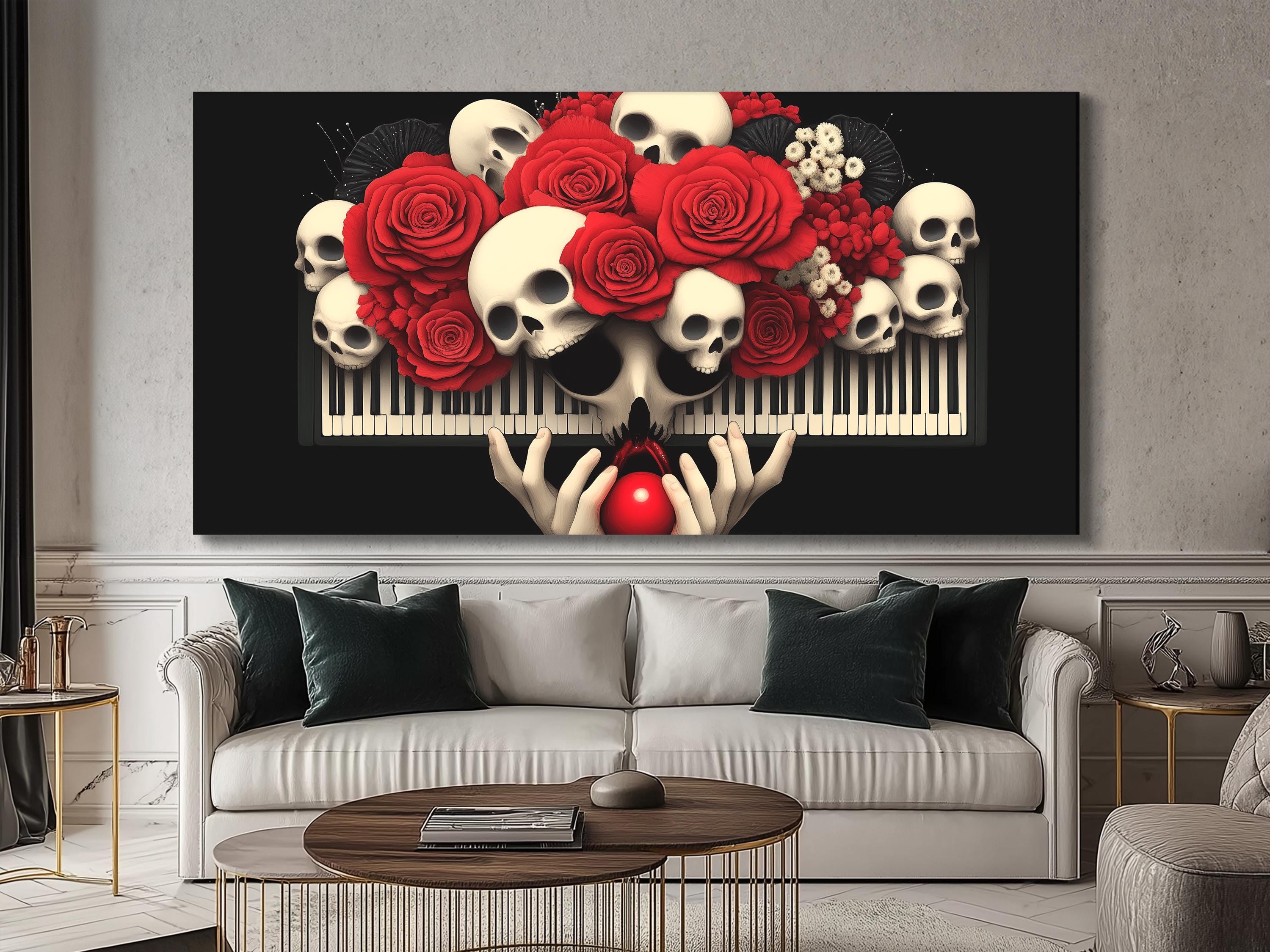 Gothic Piano Wall Art Skull and Roses Canvas Print Dark Floral Skull Art Modern Music Studio Decor Macabre Home Decor Music Lover Gift