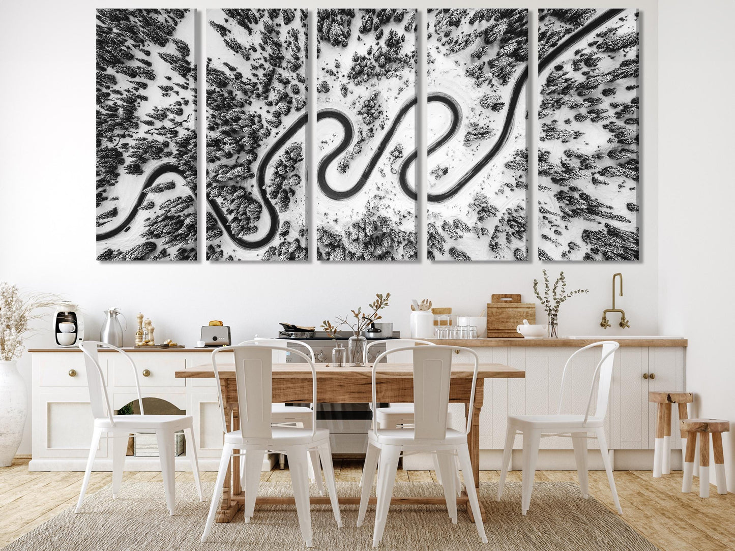 Snowy Mountain Trail Wall Art - Black and White Aerial Canvas Print, Scenic Winter Landscape, Modern Nature Decor for Dining Room or Office