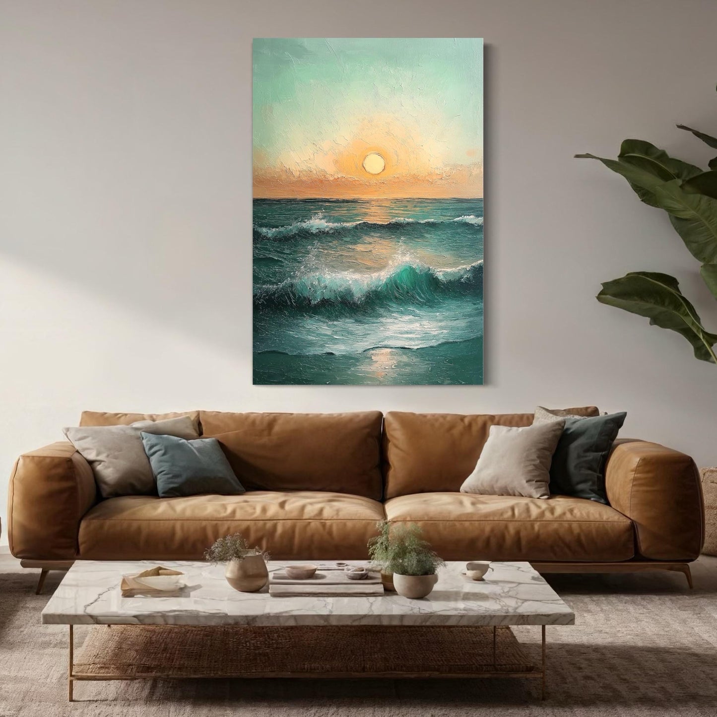 Sonnenuntergang über dem Ozean Leinwandbild - Meereslandschaft Wandkunst, Ozeanwellen Kunst, Küsten Sonnenuntergang Gemälde, Strandhaus Wanddekoration, Sonnenuntergang Leinwanddruck