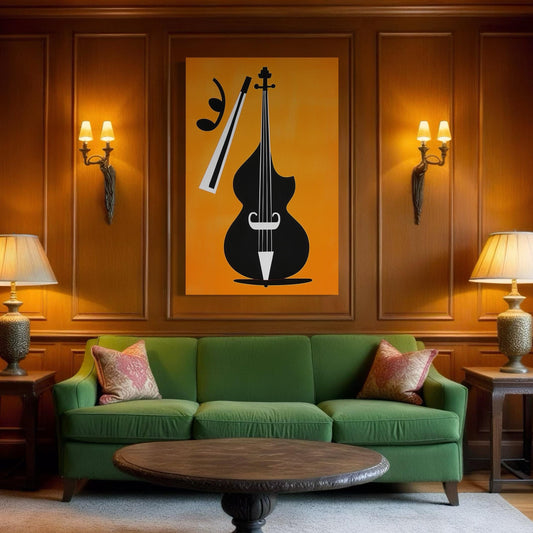 Double Bass Print - Gift for Musician, Jazz Music Wall Art, Mid Century Art, Music Room Decor, Retro Bassist Poster, Orange & Black Wall Art