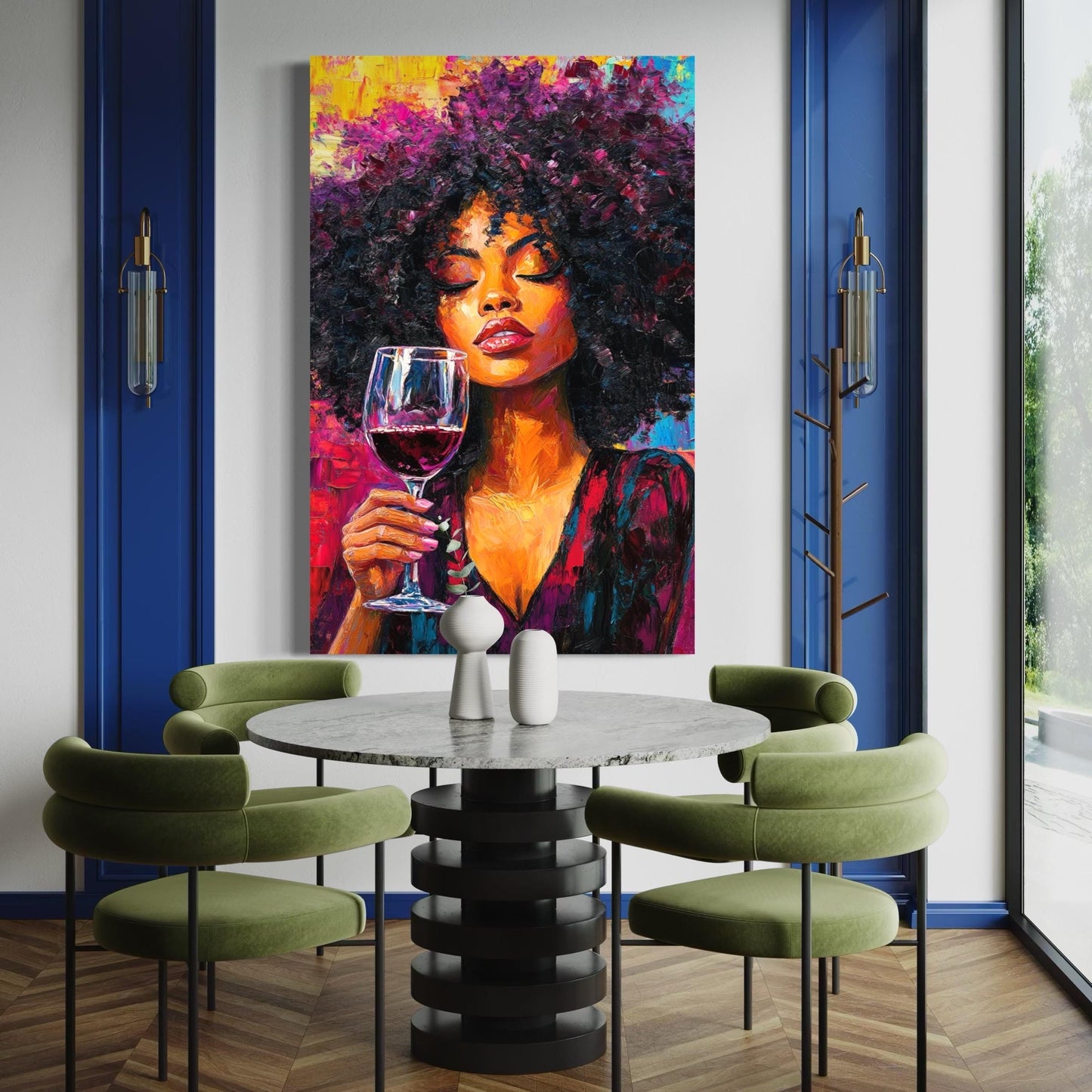 Arte de la pared de la mujer y el vino - Arte de lona de mujeres negras, pintura de amantes del vino, arte de pared afrocéntrico moderno, arte del vino para la decoración del bar o el restaurante de pared