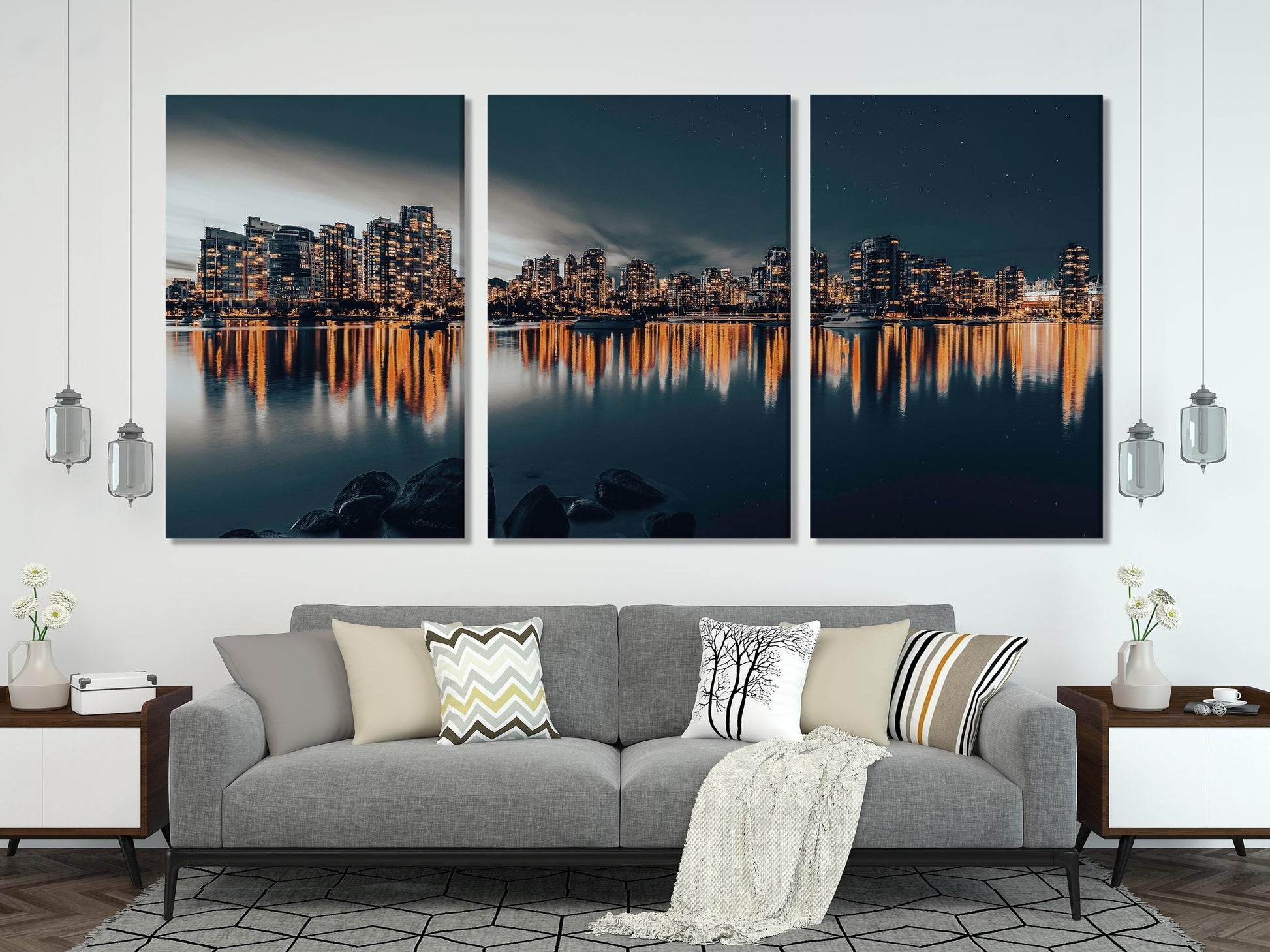Captivating downtown Vancouver canvas print showcasing illuminated skyscrapers mirrored in still waters, delivering a contemporary urban artwork vibe.