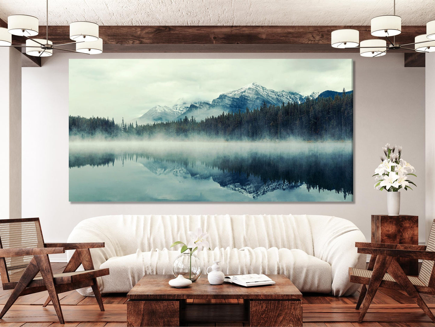 Lake Herbert Canvas Art - Foggy Morning Banff Wall Art, Glacial Mountain Artwork, Extra Large Canada Nature Canvas Art for Large Wall Decor