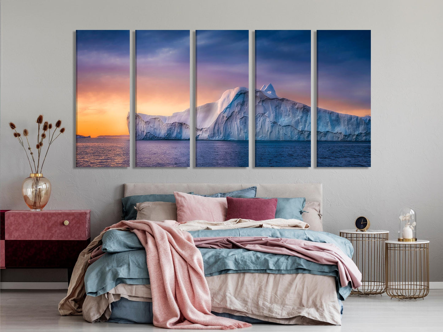 Arte de la pared de Groenlandia lienzo de lienzo estampado de gran tamaño mariscos de paisaje de costado de la noche para la sala de estar decoración del arte ártico obra de arte glaciar