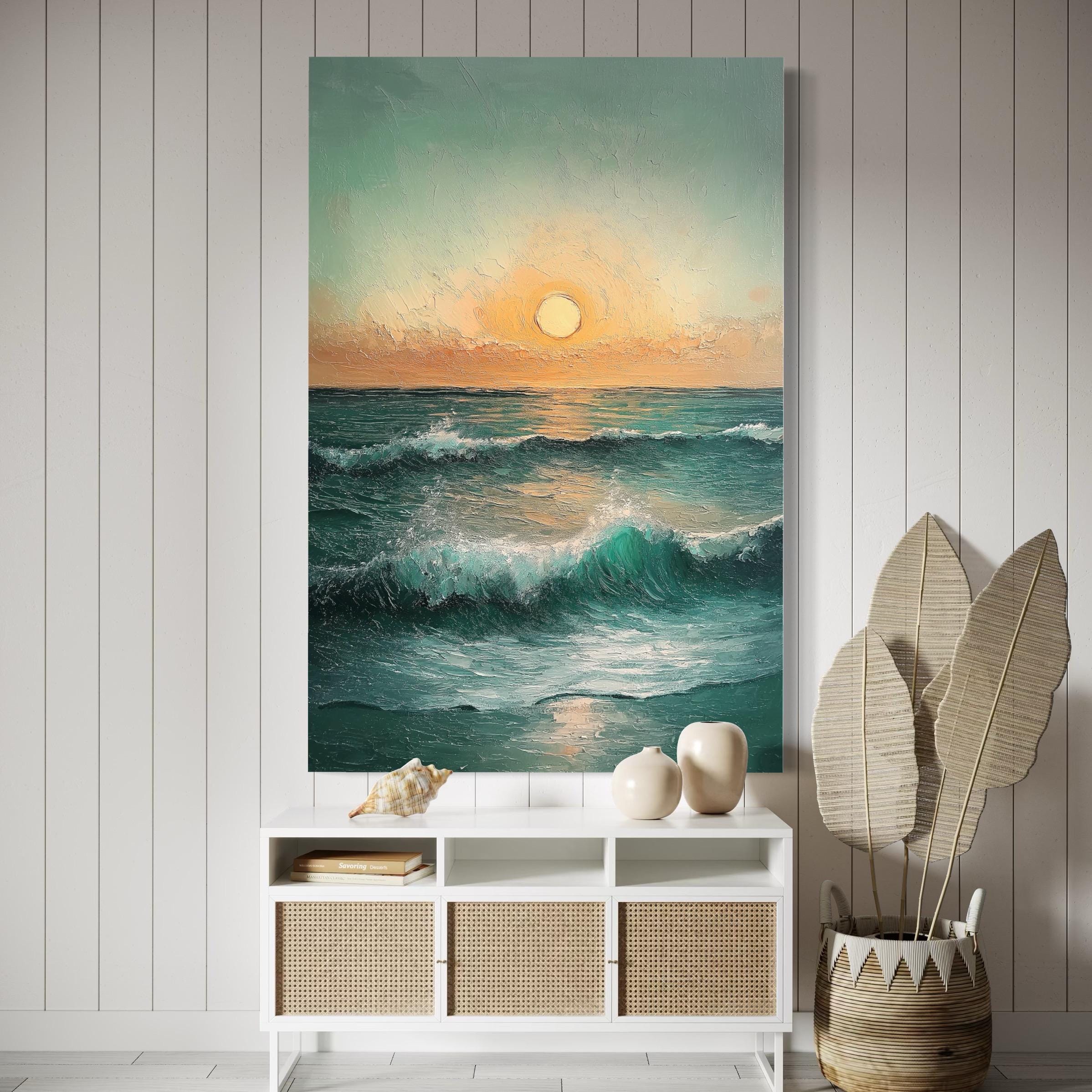 Arte en lienzo de puesta de sol sobre el océano - Arte de pared de paisaje marino Arte de olas del océano Pintura de puesta de sol costera Decoración de pared de casa de playa Impresión de arte en lienzo de puesta de sol