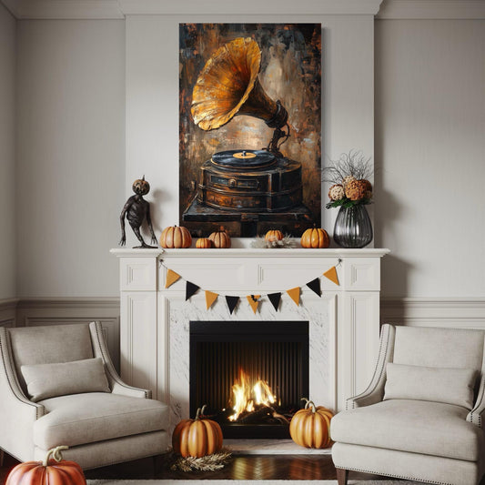 빈티지 축음기 벽 아트 - 소박한 음악 벽 장식, 앤틱 비닐 플레이어 캔버스 프린트, 레트로풍 침대 위 벽 아트 프린트, 음악가 선물 아이디어