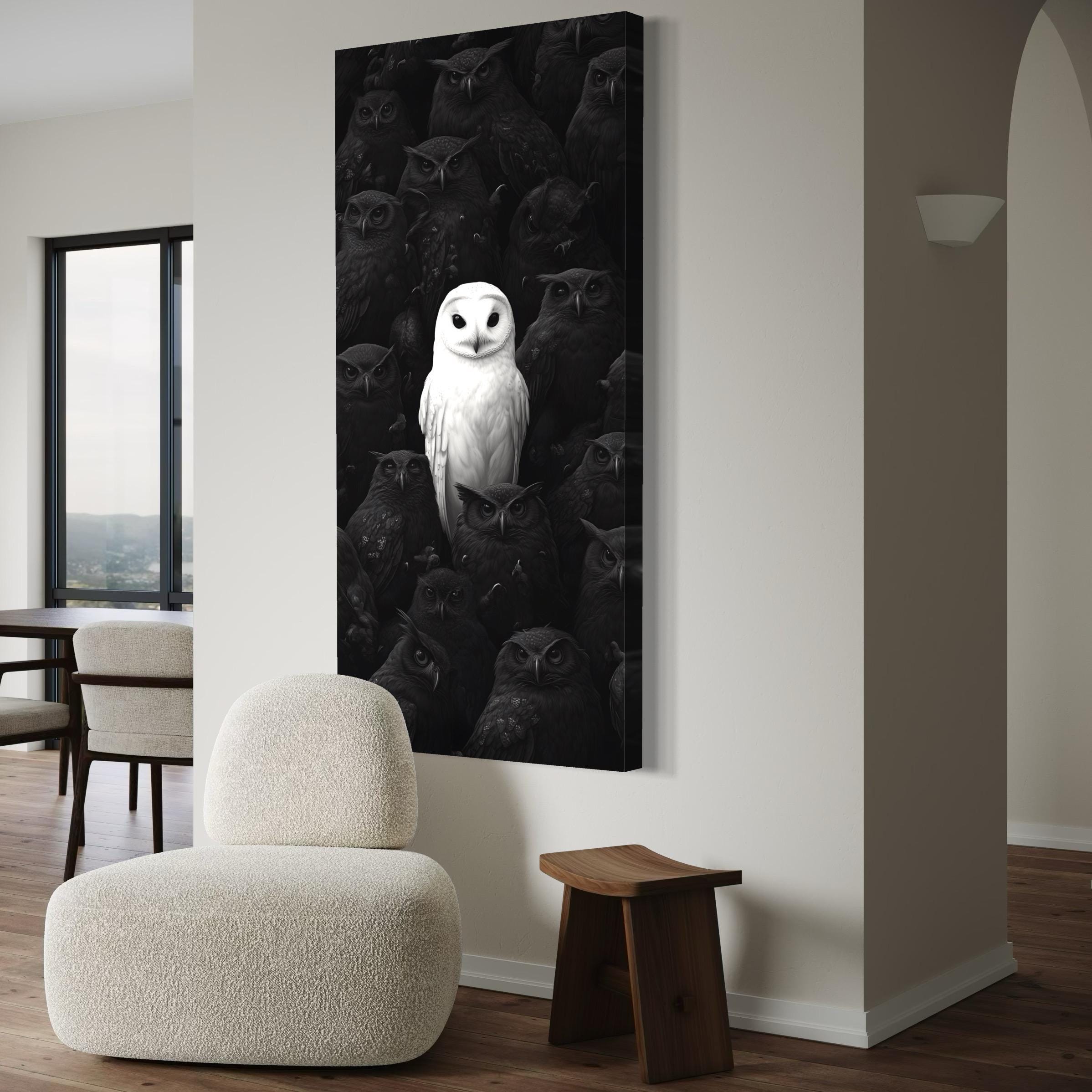 Witte uil canvas kunst - zwart-witte uil wandkunst, moderne uil kunstprint voor eigentijds interieur, uilenliefhebber cadeau voor thuisdecoratie