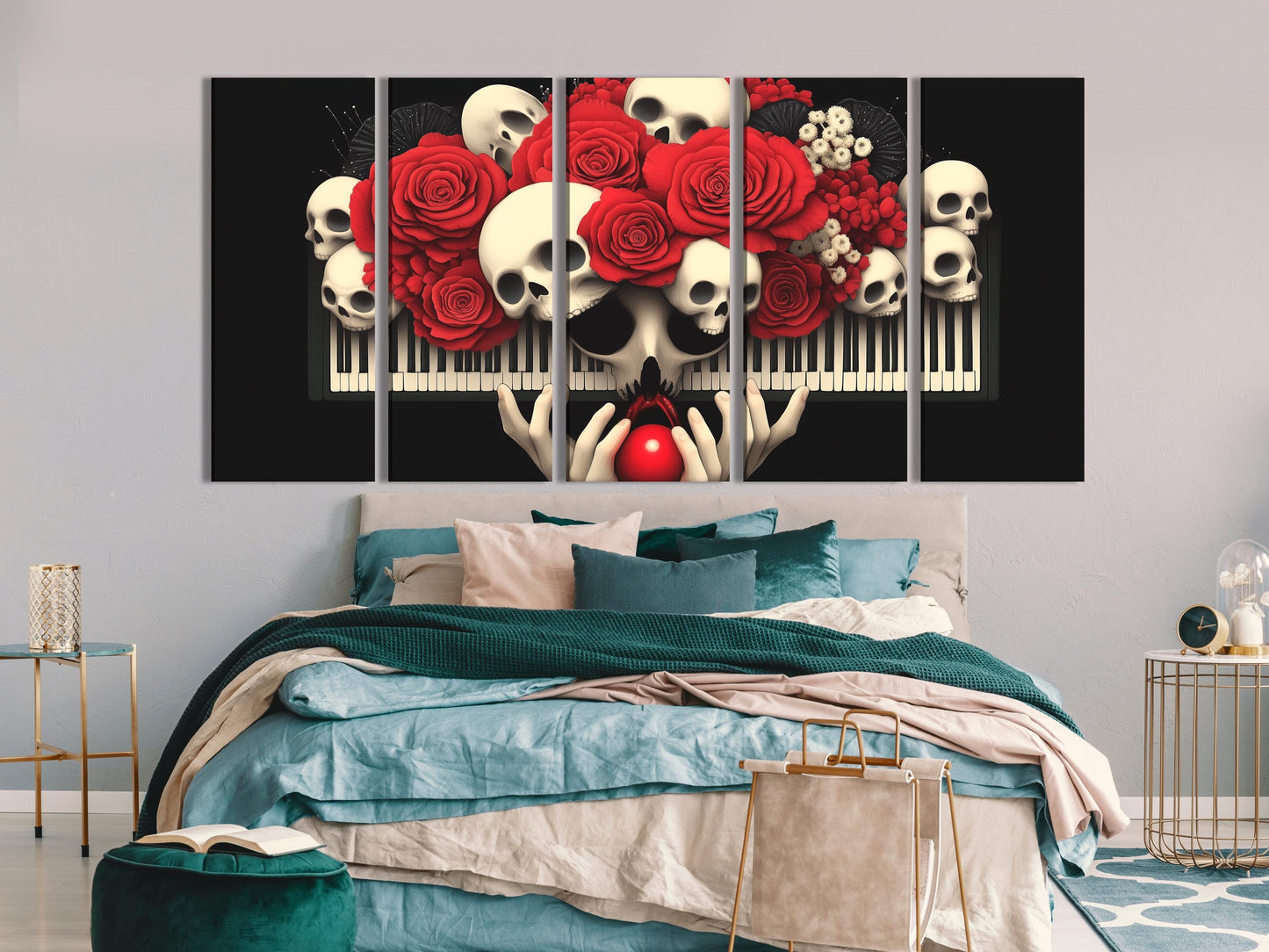 Gótico Piano Wall Art Skull and Roses Canvas estampado Floral Dark Floral Art Music Music Studio Decor Macabre Home Decor Music Lover regalo