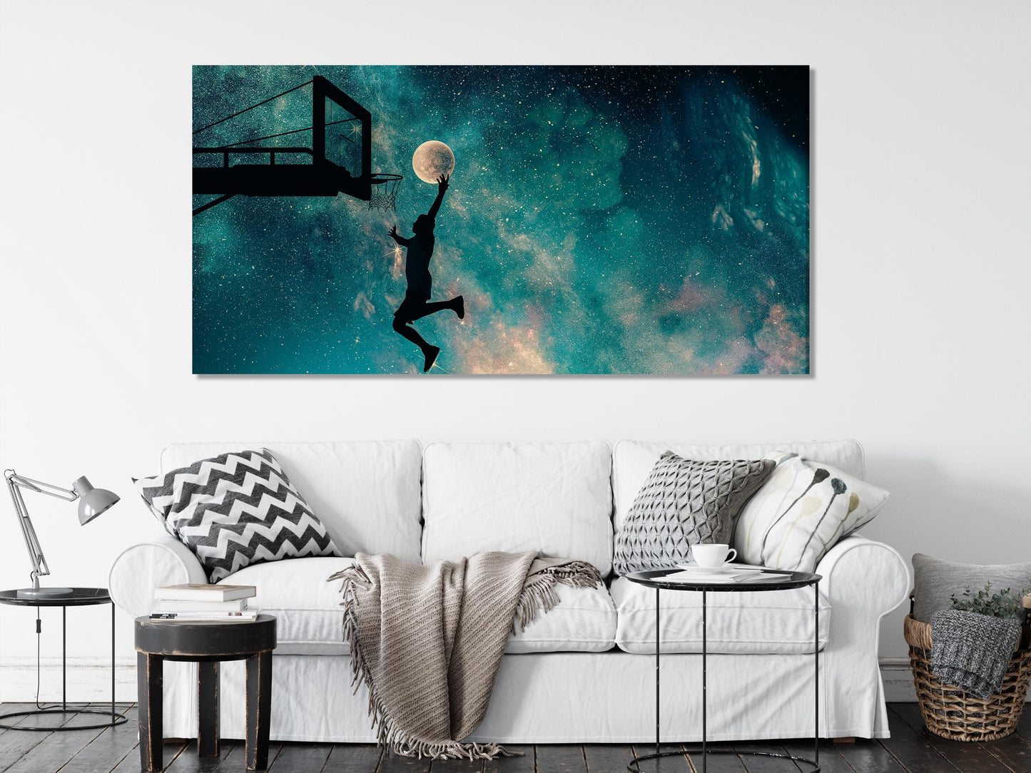 Basketball Dunk with Moon Canvas Art, Surreal Sports Wall Art Print, Starry Night Sky Decor, Inspirational Sports Artwork, Basketball Gift