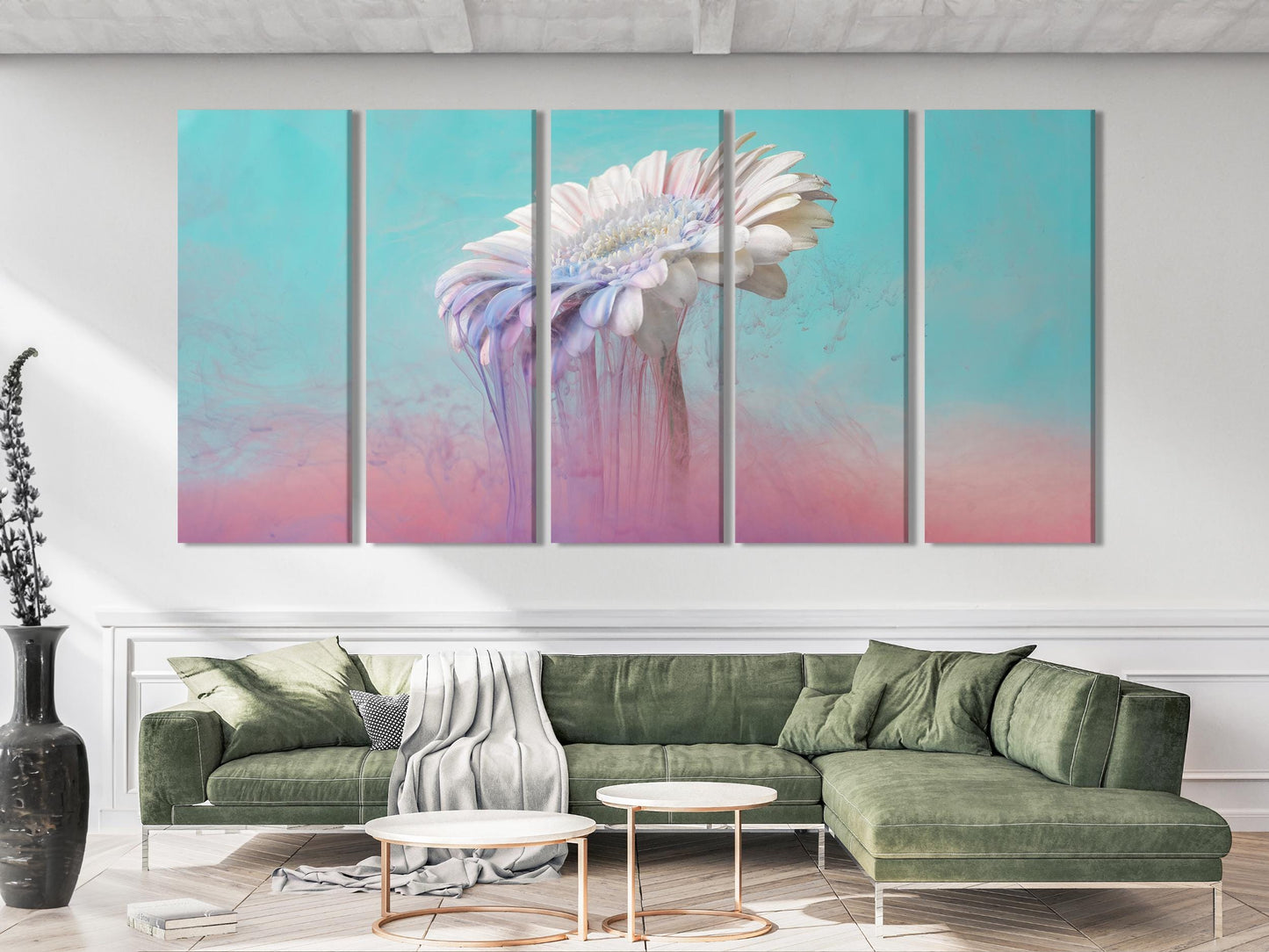 Pastel-toned floral wall art featuring a delicate white daisy, designed as a multi-panel canvas print.
