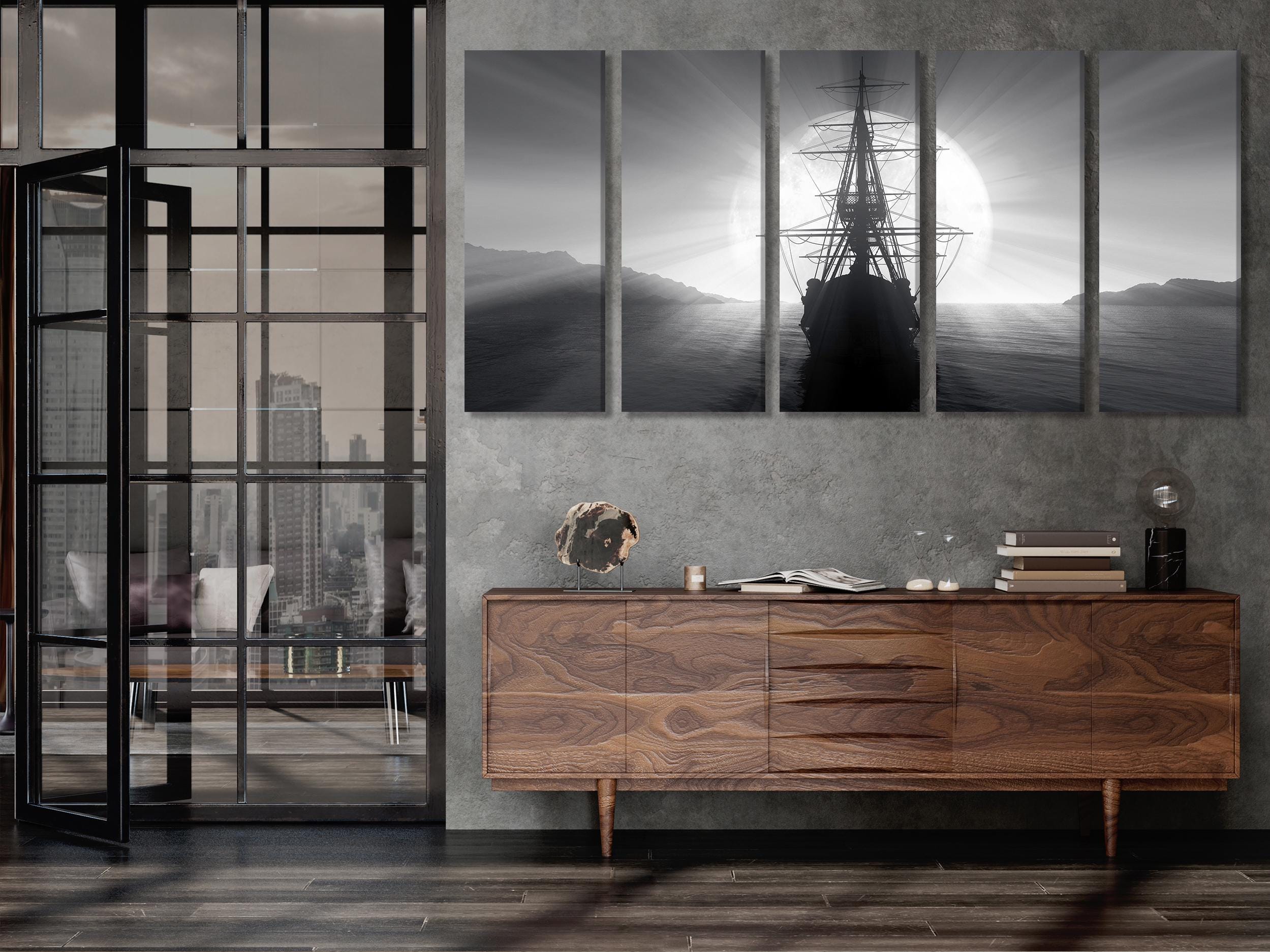 Art mural nautique noir et blanc - Impression sur toile d'un navire à voile vintage - Œuvre d'art pirate vintage - Décor inspiré par les marins - Grande impression d'art maritime