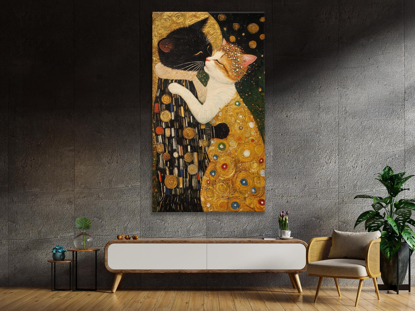The Kiss: Cat Version Wall Art - Gustav Klimt Inspirado de arte, arte de pared de gato moderno, arte de lona de gatos, idea de regalo de gatos amantes, pintura de gatos grandes