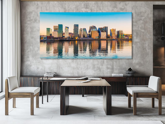 Captivating city skyline wall art showcasing a Scandinavian-inspired waterfront, where sleek modern architecture and golden reflections create a standout display.