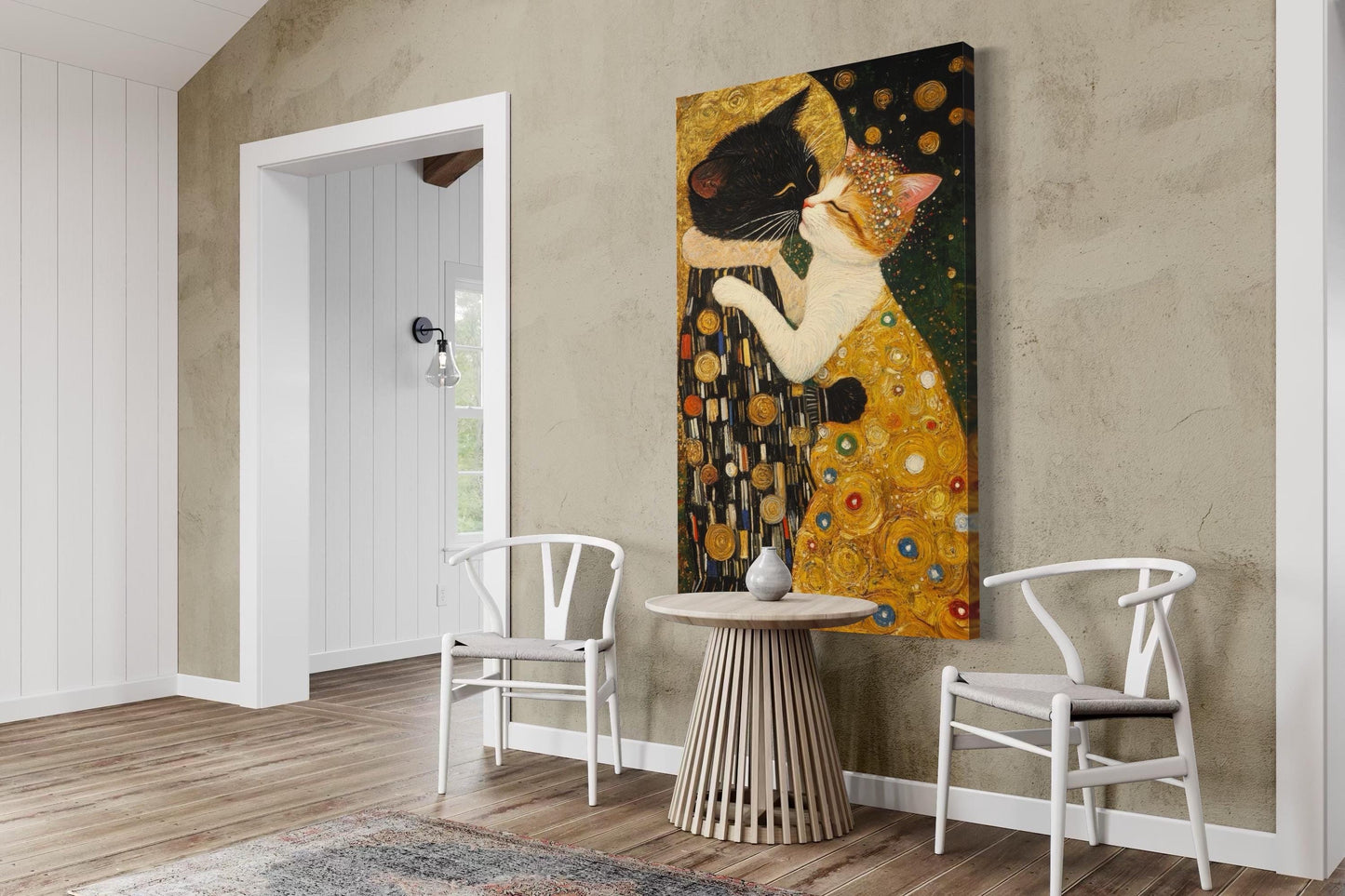 The Kiss: Cat Version Wall Art - Gustav Klimt Inspirado de arte, arte de pared de gato moderno, arte de lona de gatos, idea de regalo de gatos amantes, pintura de gatos grandes