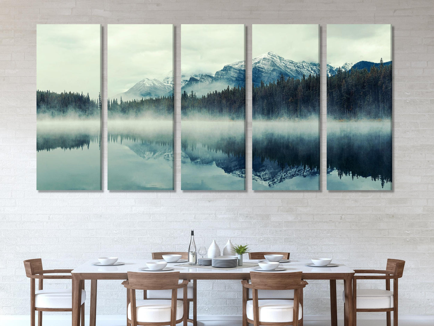 Lake Herbert Canvas Art - Foggy Morning Banff Wall Art, Glacial Mountain Artwork, Extra Large Canada Nature Canvas Art for Large Wall Decor