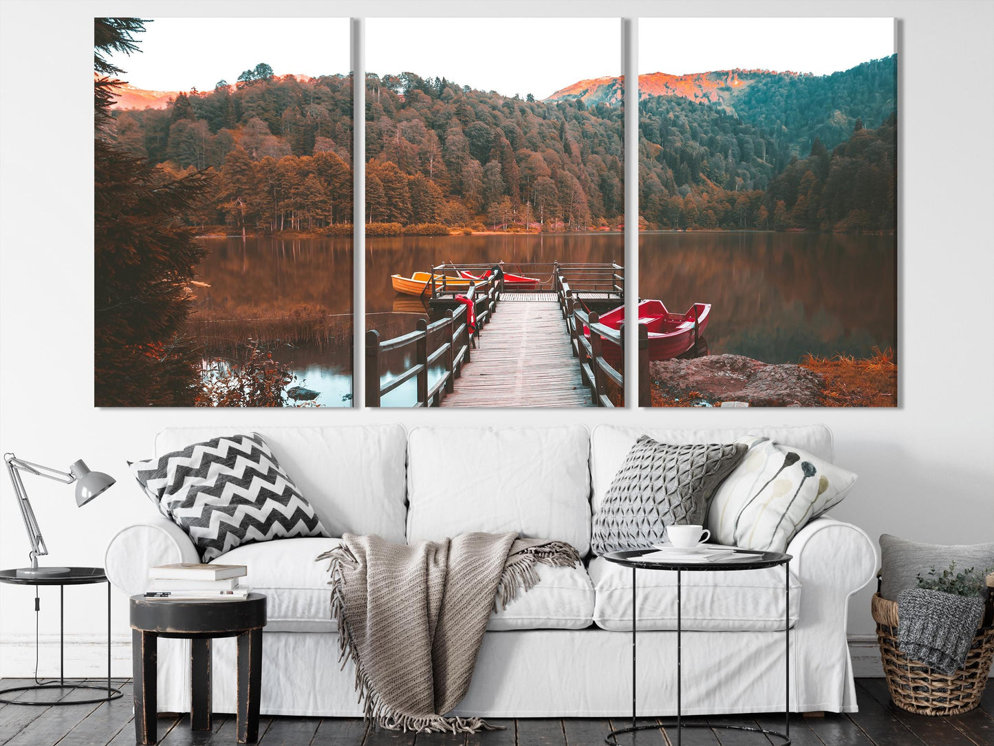Autumn Lake Triptych Canvas Art - Wooden Dock and Boats Wall Art, Mountain Landscape Print, Fall Nature Art Print, Large 3-Panel Wall Art
