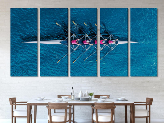 Energetic sports-themed painting spotlighting a rowing crew against sapphire waves, offering a striking focal point as a contemporary wall art piece.