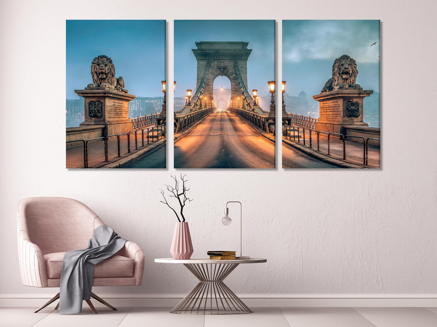 Chain Bridge Wall Art, Budapest Landmark Canvas Print, Morning Fog Cityscape Decor, Iconic Hungarian Bridge Artwork for Living Room / Office