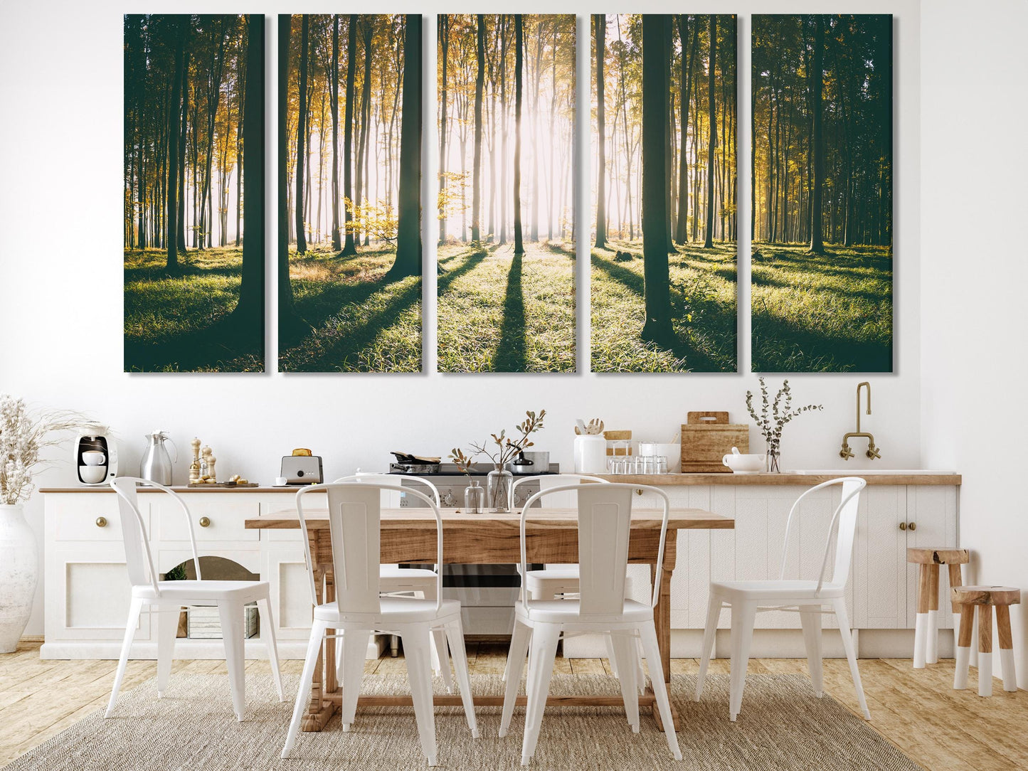 Serene woodland wall art capturing tall trees and golden morning rays, perfect as a multi-panel canvas print painting for nature-inspired artwork.