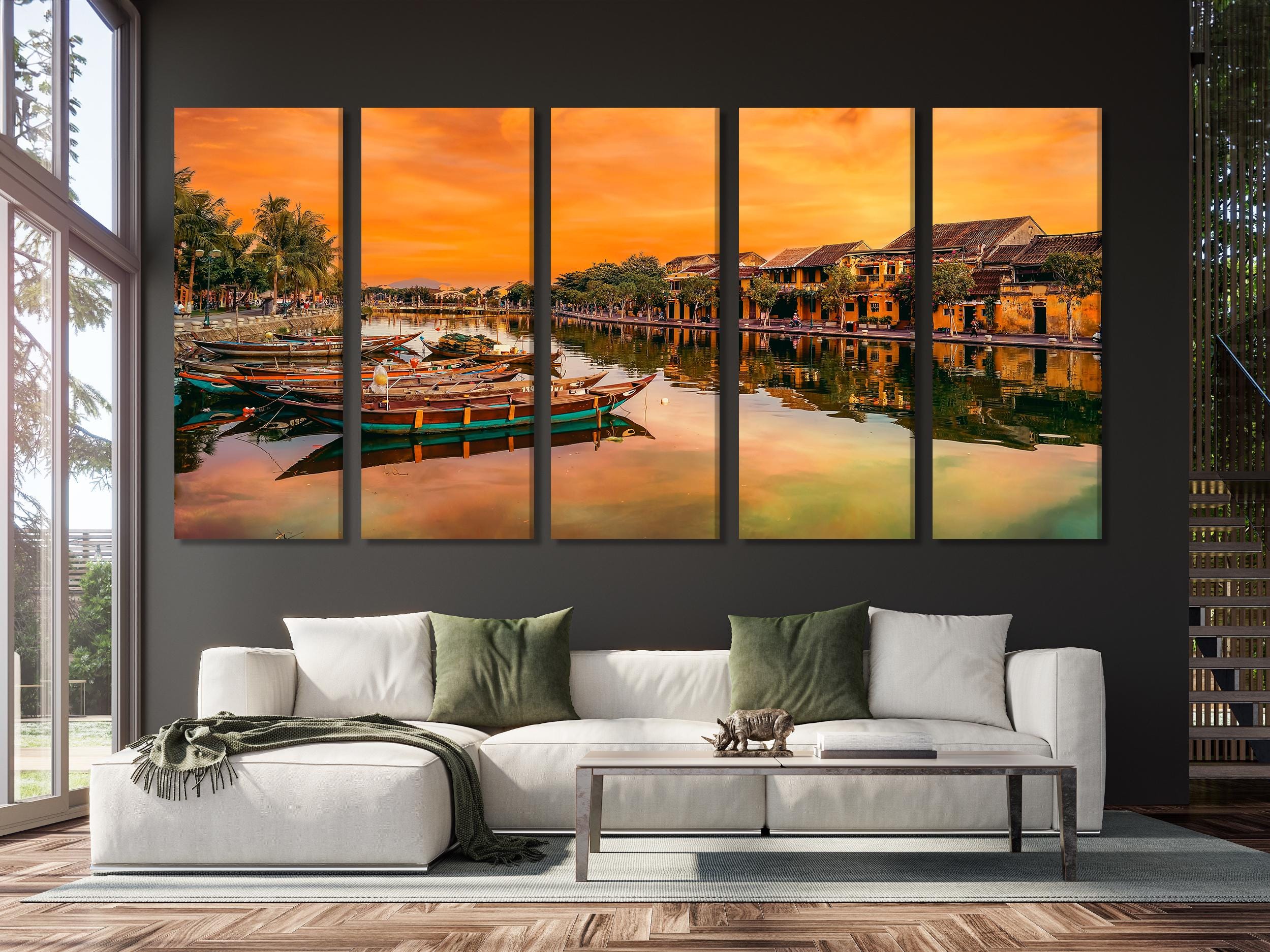 Hoi An, Vietnam — Art mural sur toile, impression sur toile du coucher de soleil sur la rivière, décor de paysage asiatique, œuvre moderne en 3 panneaux, scène traditionnelle de bateaux sur toile imprimée