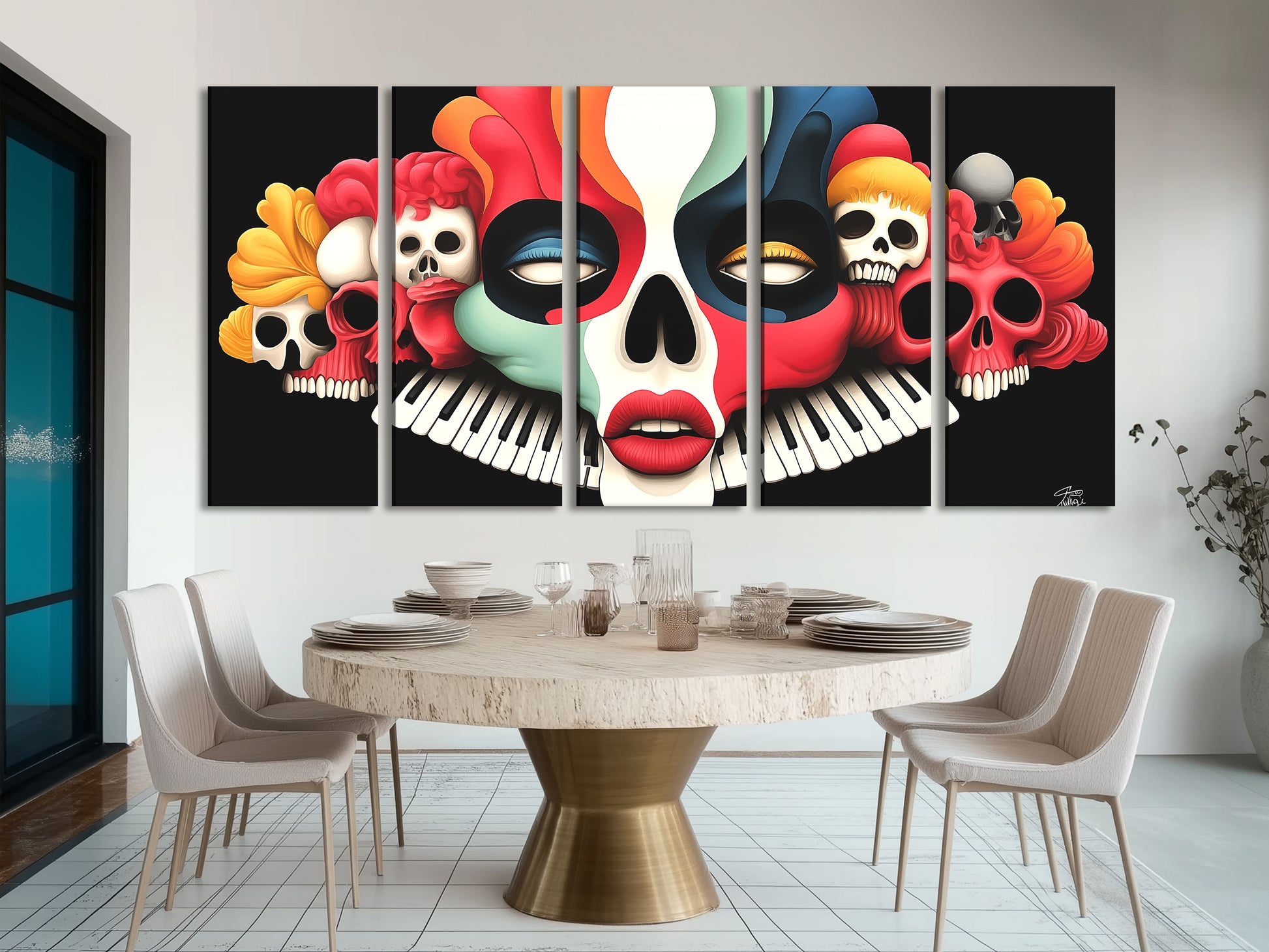 An imaginative painting uniting a skull’s face, bright shades, and a keyboard reference.