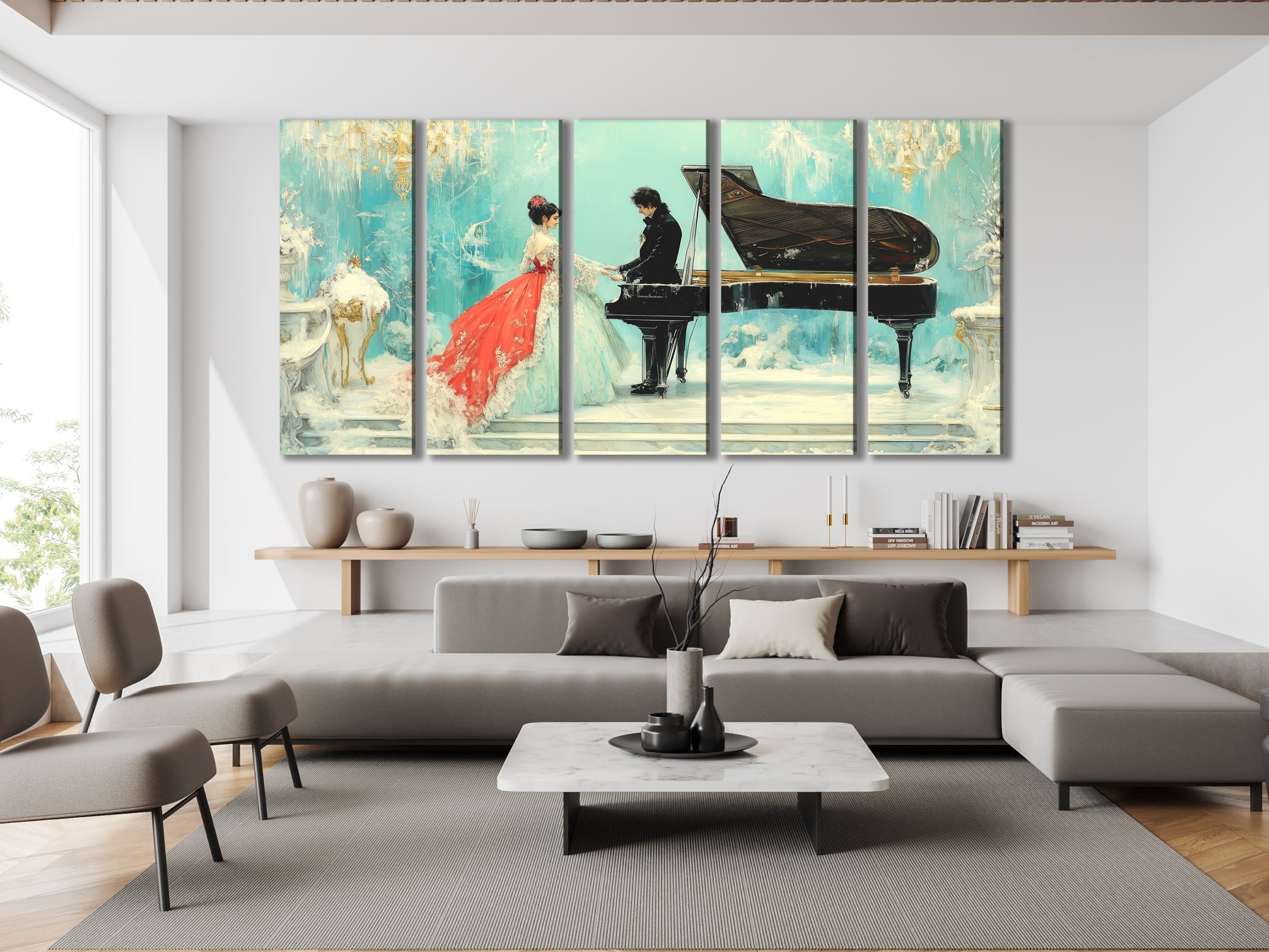 Elegant Couple and Grand Piano Canvas Art Above Sofa in Modern Setting