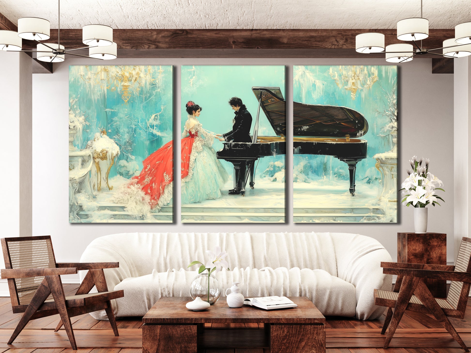 Elegant Couple and Grand Piano Canvas Art Above Sofa in Modern Setting