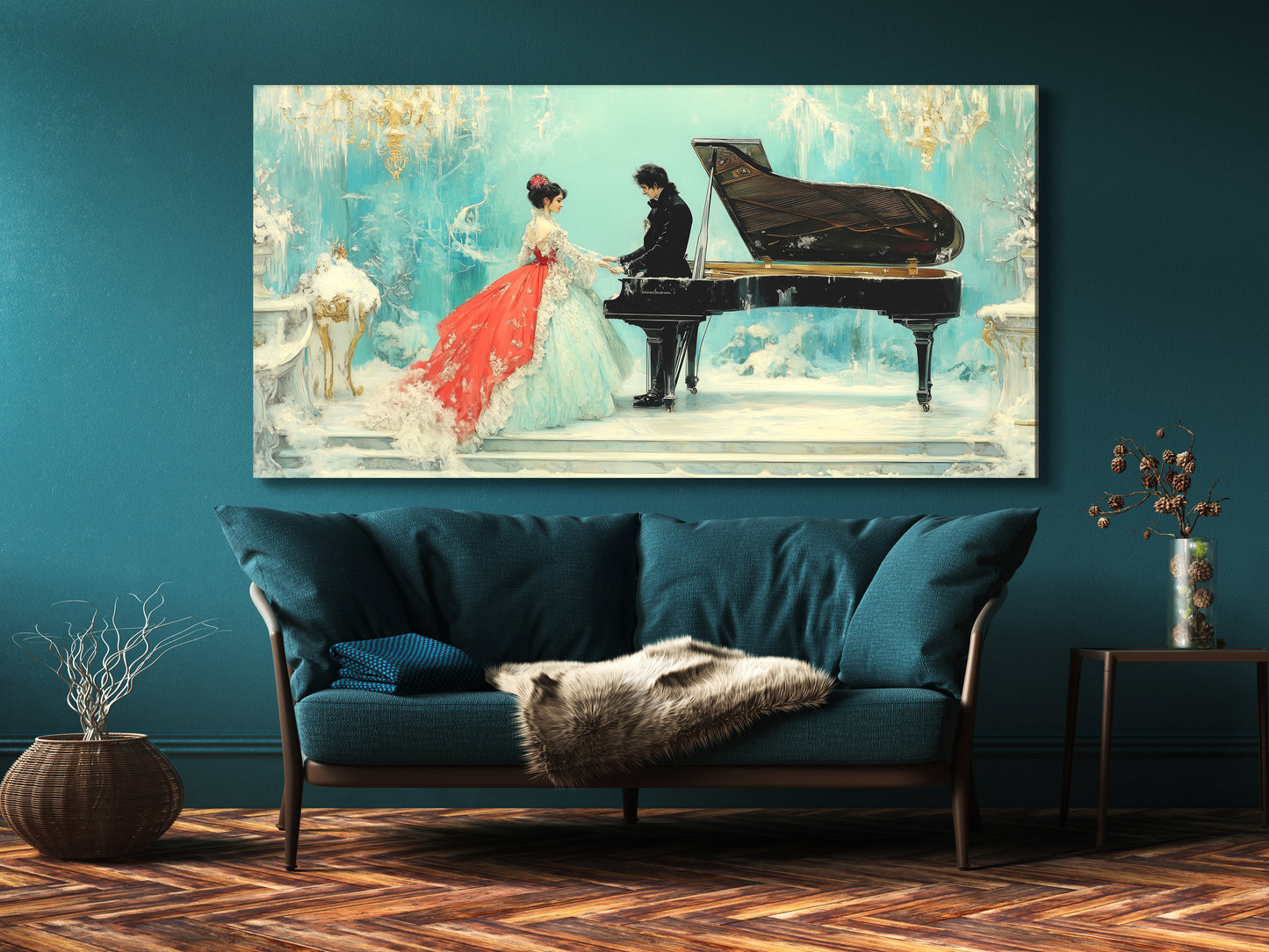 Elegant Couple and Grand Piano Canvas Art Above Teal Sofa