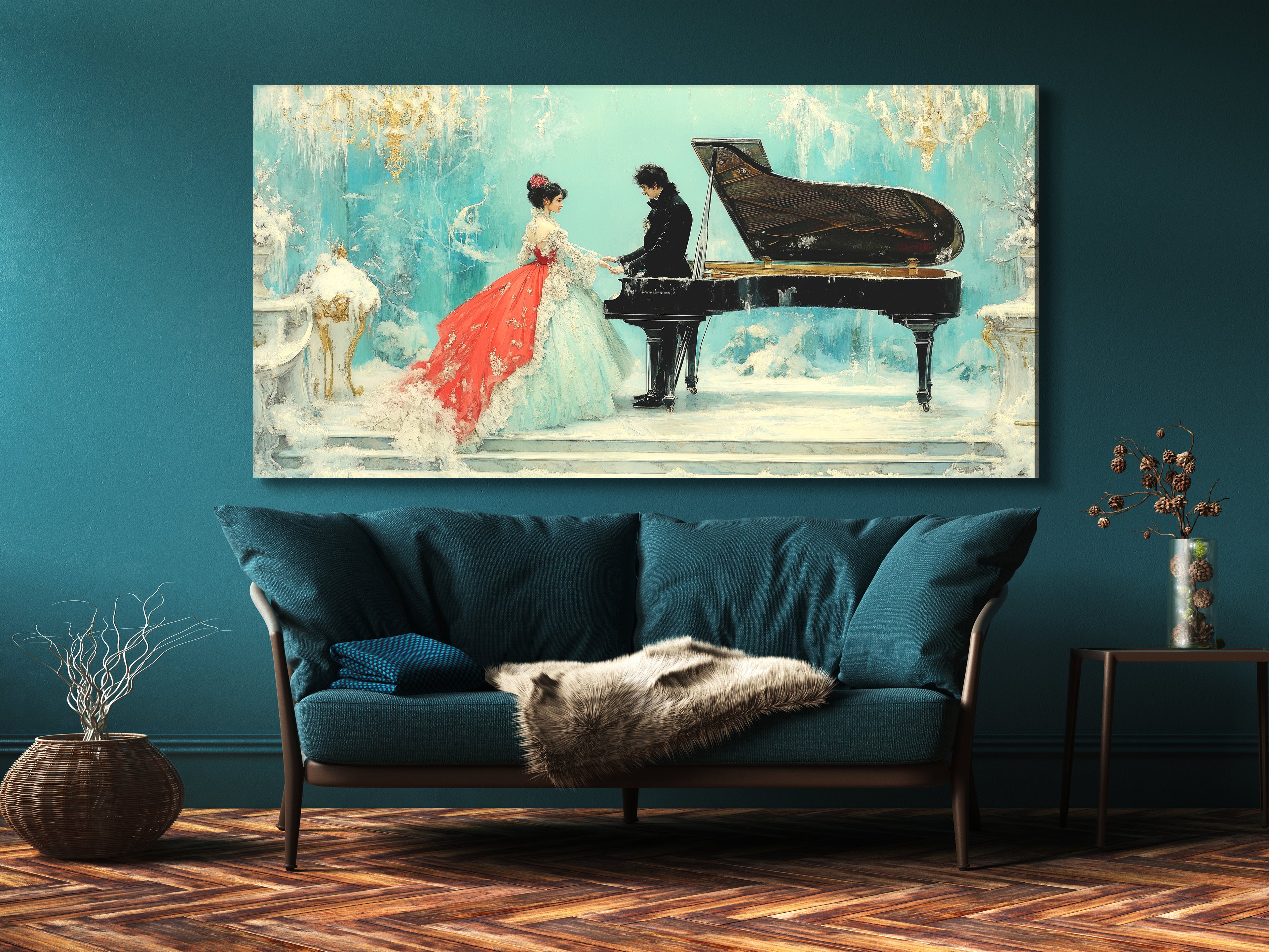 Elegant Couple and Grand Piano Canvas Art Above Teal Sofa